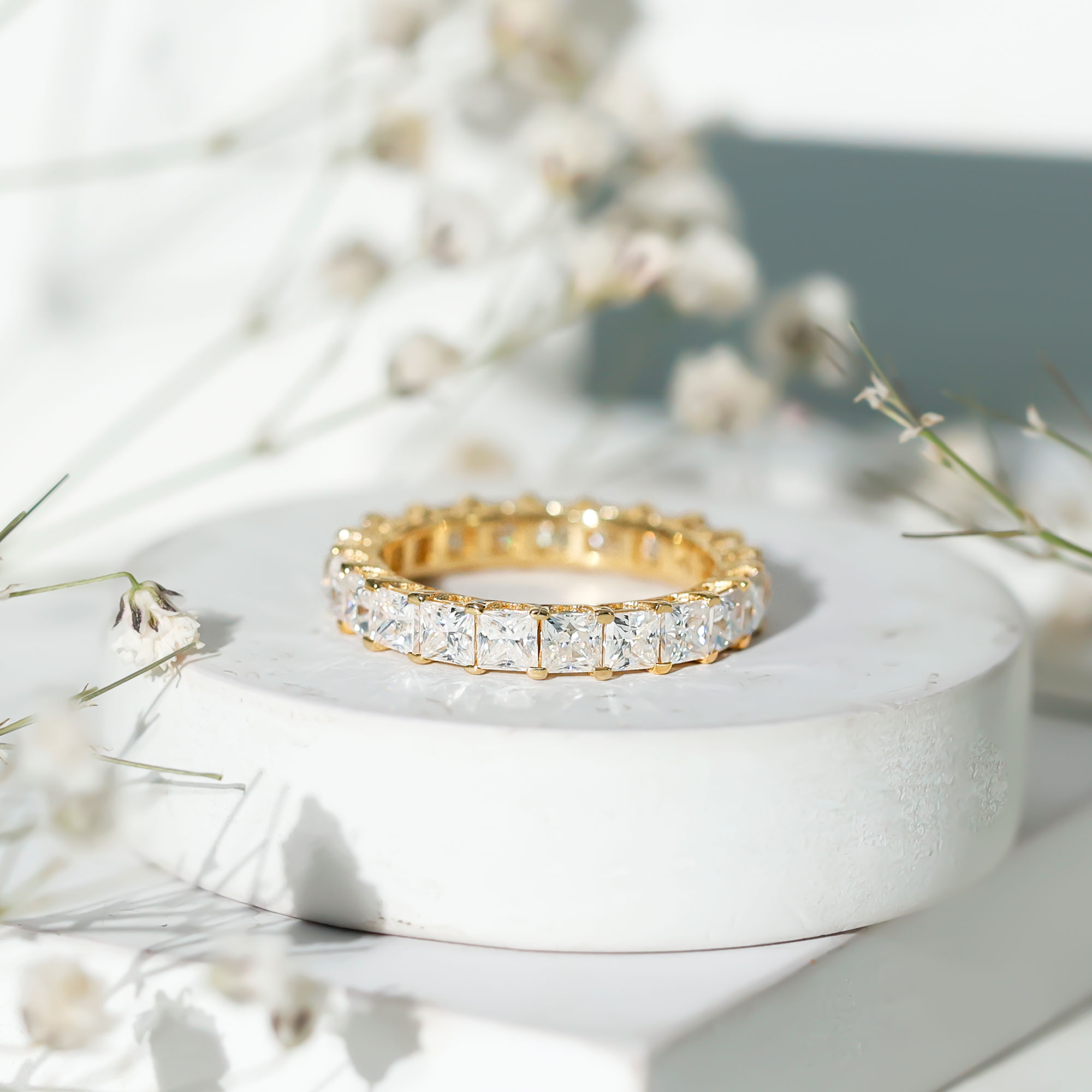 thumbnail video image 2 of Rosec Jewels Certified Moissanite Eternity Wedding Band - Princess Cut Moissanite Ring - D-VS1 Grade - with Jewelry Box, 18K White Gold, US 6.50, 2 of 9