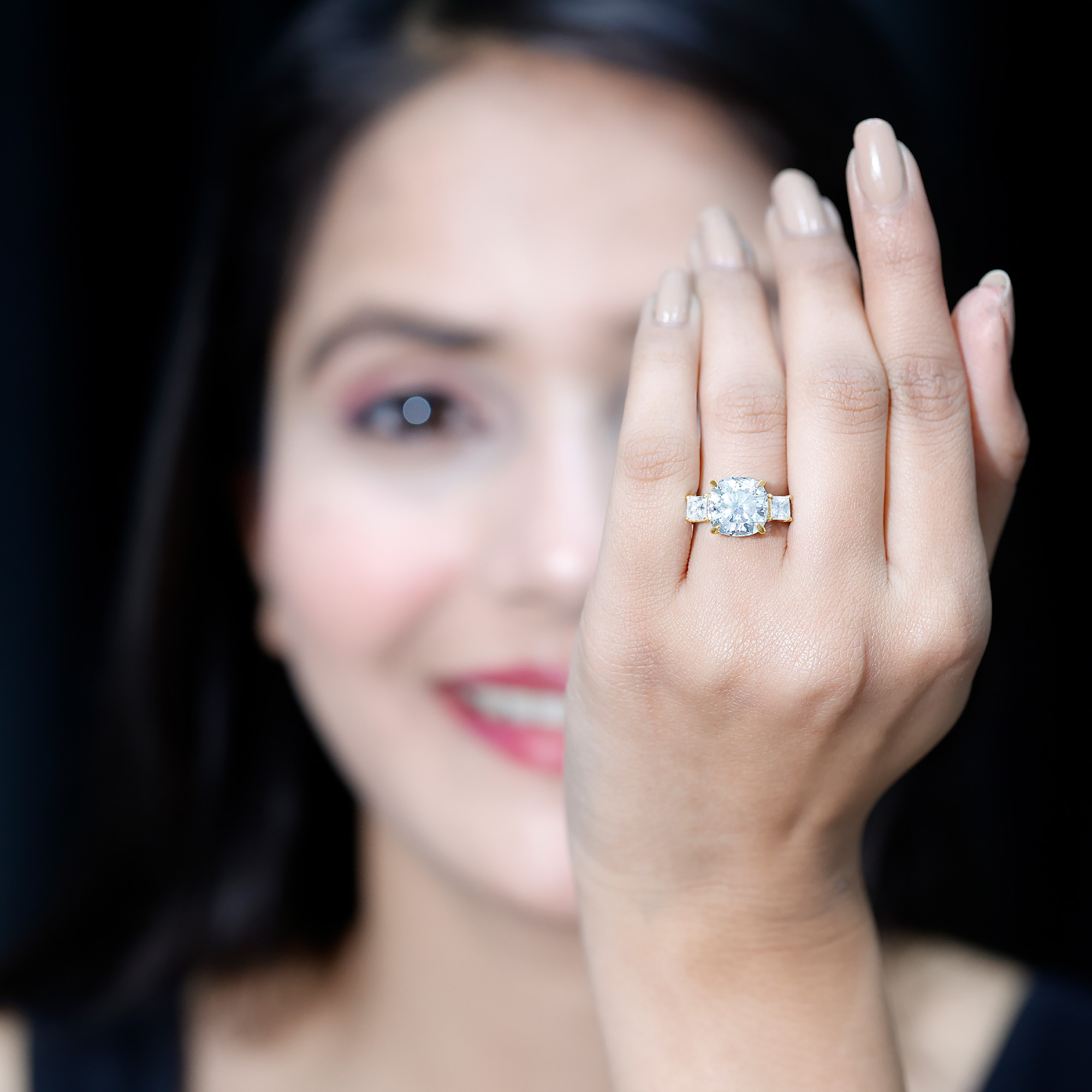 thumbnail video image 2 of Rosec Jewels Moissanite 3 Stone Engagement Ring for Women - Moissanite Statement Ring - D-VS1 Quality Certified, 14K Yellow Gold, US 5.00, 2 of 9