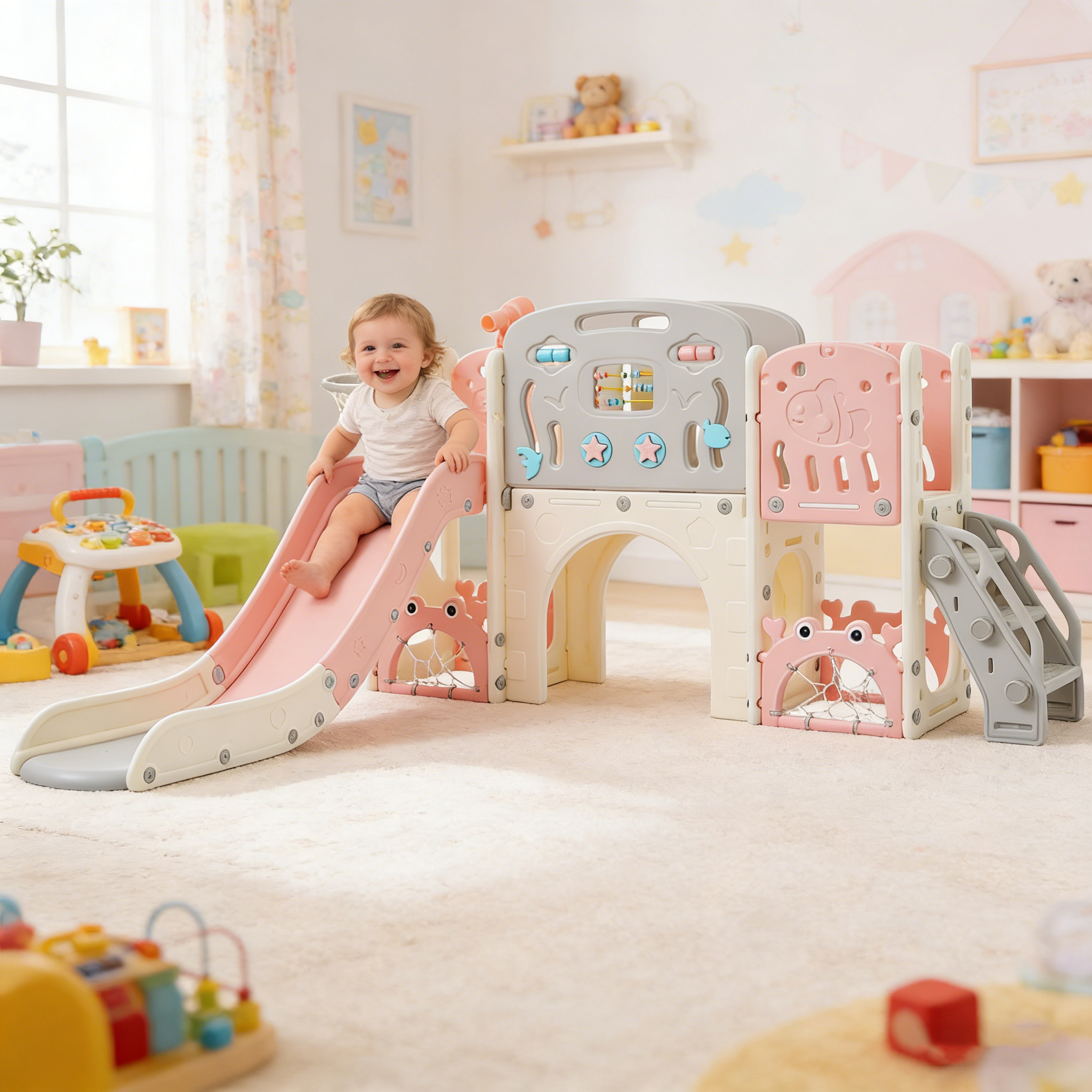 thumbnail video image 2 of 11 in 1 Toddler Slide, Kids Slide for Toddler Age 1-3 with Basketball Hoop, Kids Slide Playset Structure, Arch Tunnel and Telescope, Toy Storage Organizer for Toddlers, Kids Climbers Playground, 2 of 19