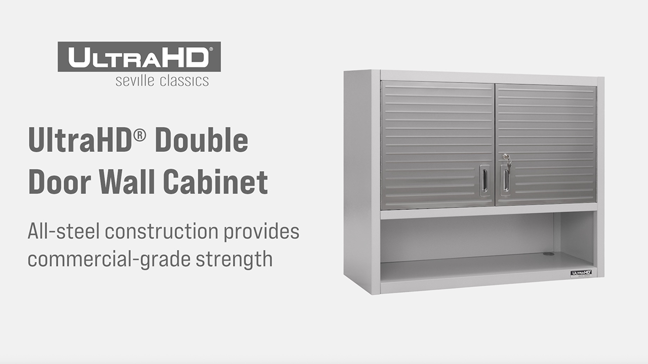 thumbnail video image 2 of Seville Classics UltraHD® Double Door Lockable Wall Cabinet with Open Shelf, 36" W x 12" D x 30" H, Granite, 2 of 8