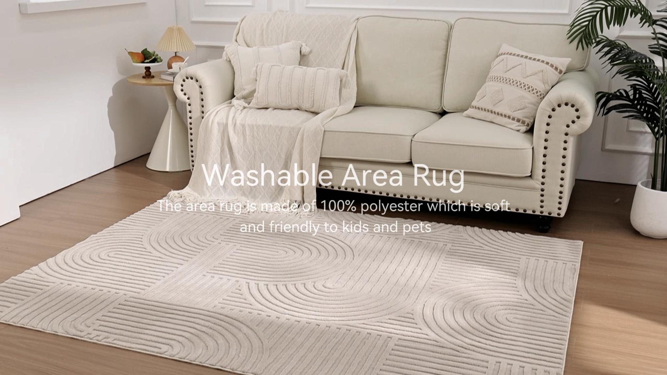 thumbnail video image 2 of 5'x 7' Geometric Beige Area Rug Washable, Durable Non-Slip Indoor Carpet with Soft High-Low Pile, Fluffy Floor Rugs for Living Room, Bedroom, Home Office Décor, 2 of 18