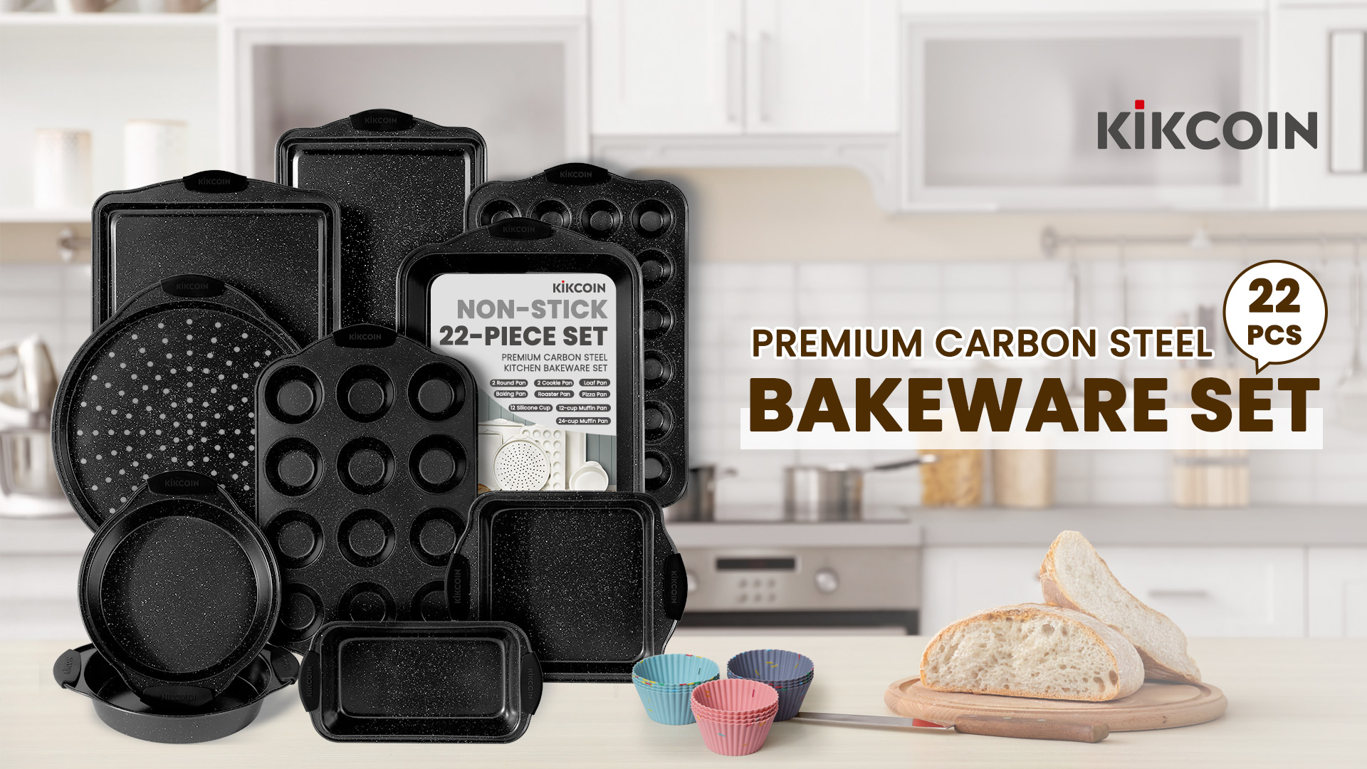 thumbnail video image 3 of Kikcoin Bakeware Set, 21-Piece Baking Pans Set Carbon Steel Baking Sheet Pans for Kitchen with Silicone Handles, Nonstick Cookie Sheets, 3 of 11