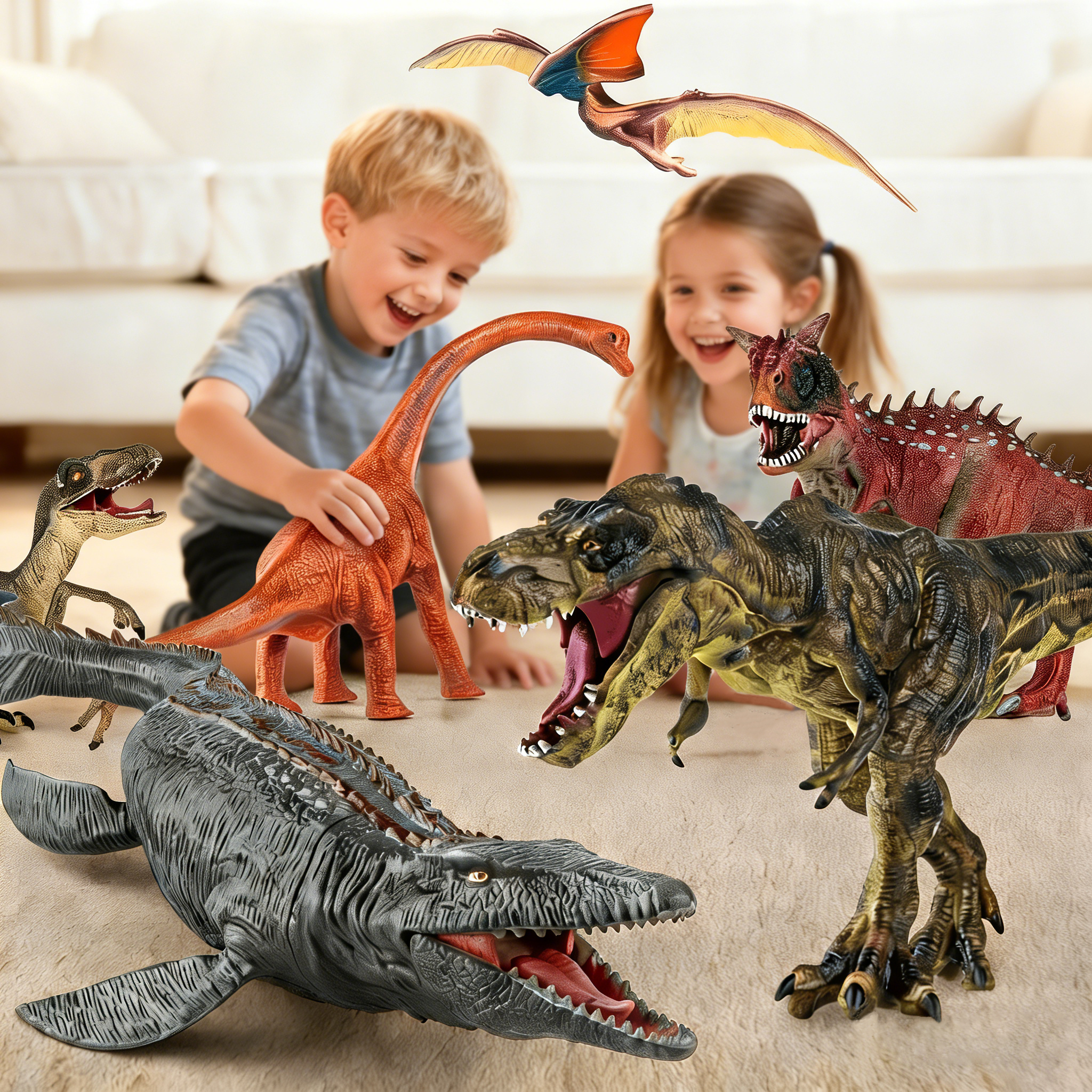 thumbnail video image 2 of 6Pcs Jumbo Dinosaur toys for boys 3-6 years, Realistic  Dino Action Figure Set with Movable Jaw, Durable Dino Playset for Birthday Dinosaur Lovers Birthday, 2 of 11
