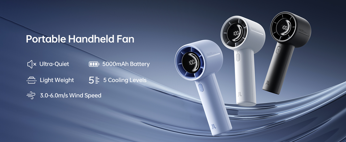 thumbnail video image 2 of JISULIFE Portable Handheld Fan, Powerful Turbo Mini Fan [28Hrs Max Cooling], Digital Display, 5-Speed, 5000mAh USB Rechargeable for Travel, Summer, Gifts for Women Men, 2 of 8
