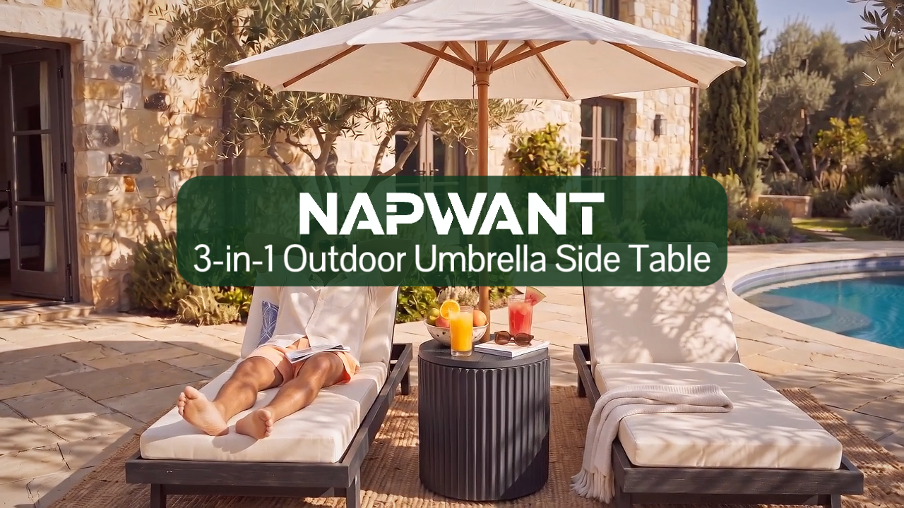 thumbnail video image 2 of NAPWANT Outdoor Umbrella Side Table, Patio Cooler End Table with Fillable Weighted Stand and Ice Bucket, 3-in-1, White, 2 of 10