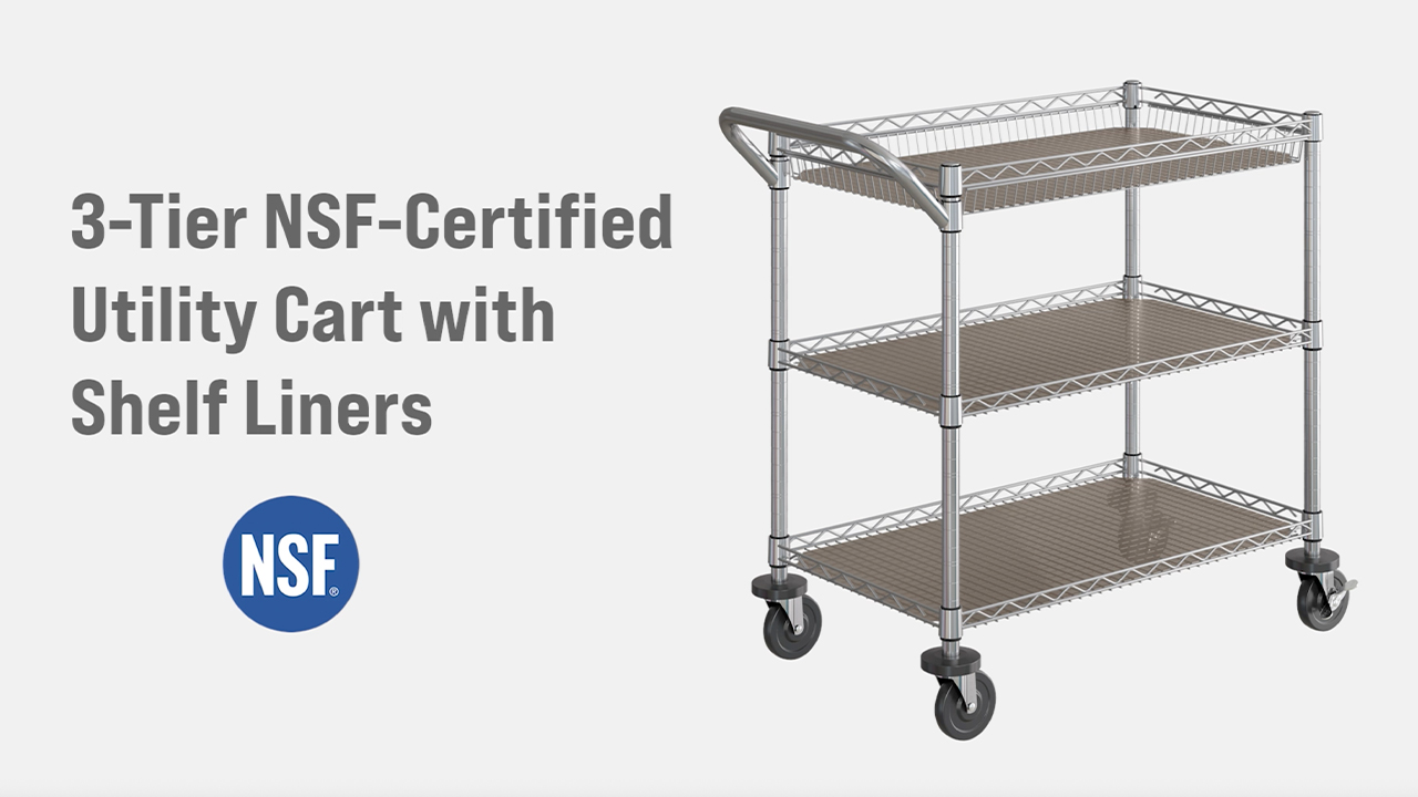 thumbnail video image 2 of Seville Classics UltraDurable NSF Commercial Heavy Duty Metal Rolling Utility Cart, w/ Steel Shelves, Handle Bar for Garage, Warehouse, Kitchen, Office, Deep Top Basket (34.75"W x 20.25"D), Chrome, 2 of 9