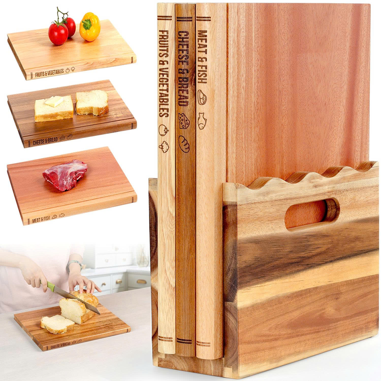 thumbnail video image 2 of Book Cutting Board Set of 3 with Stand-The Cutting Board Library, Solid Wood Book-Shaped Boards for Serving & Display, Labeled Meat & Fish, Bread & Cheese, Fruits&Vegetables-Decorative Cutting Boards, 2 of 9