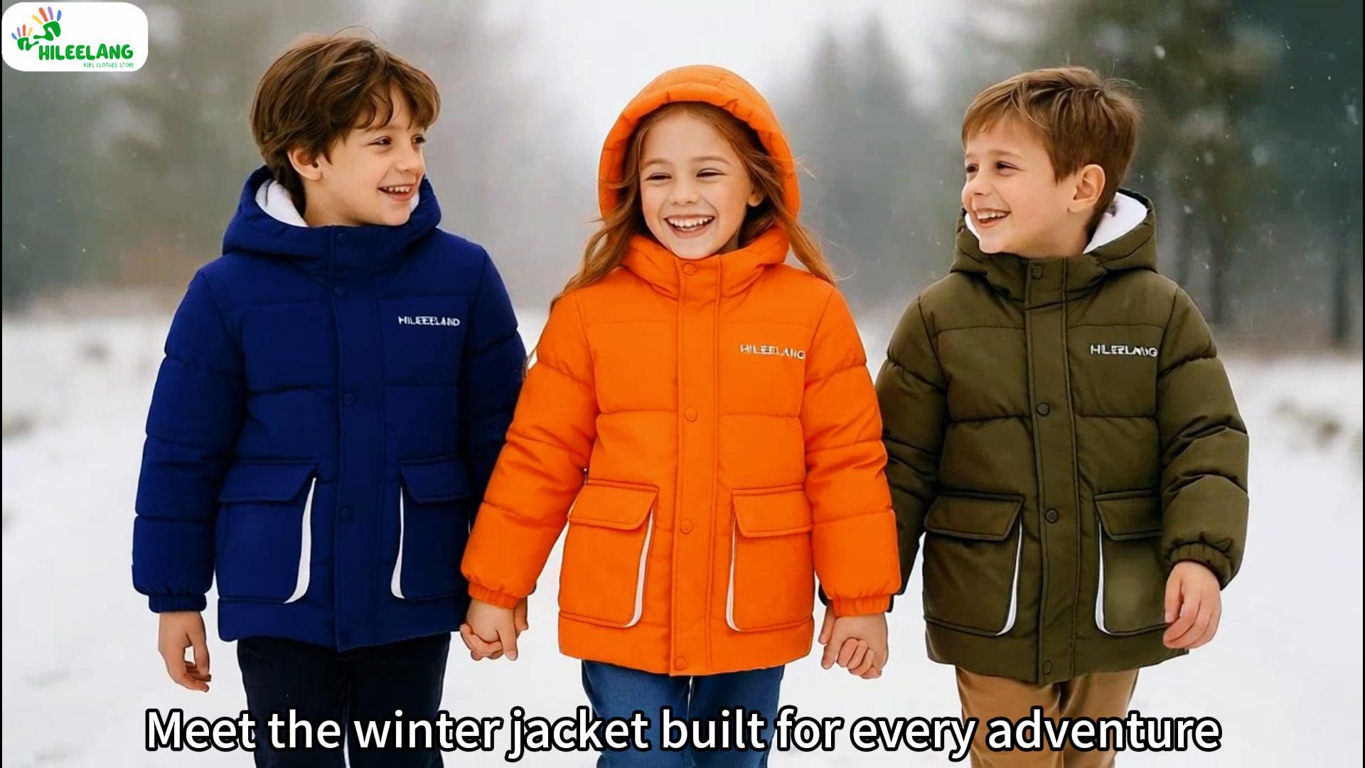 thumbnail video image 2 of HILEELANG Kids Big Boys Winter Puffer Jacket with Hood Warm Light Weight Padded Water-Resistant Coat for Kids 6-13 Years, Classic Navy Blue, 2 of 9