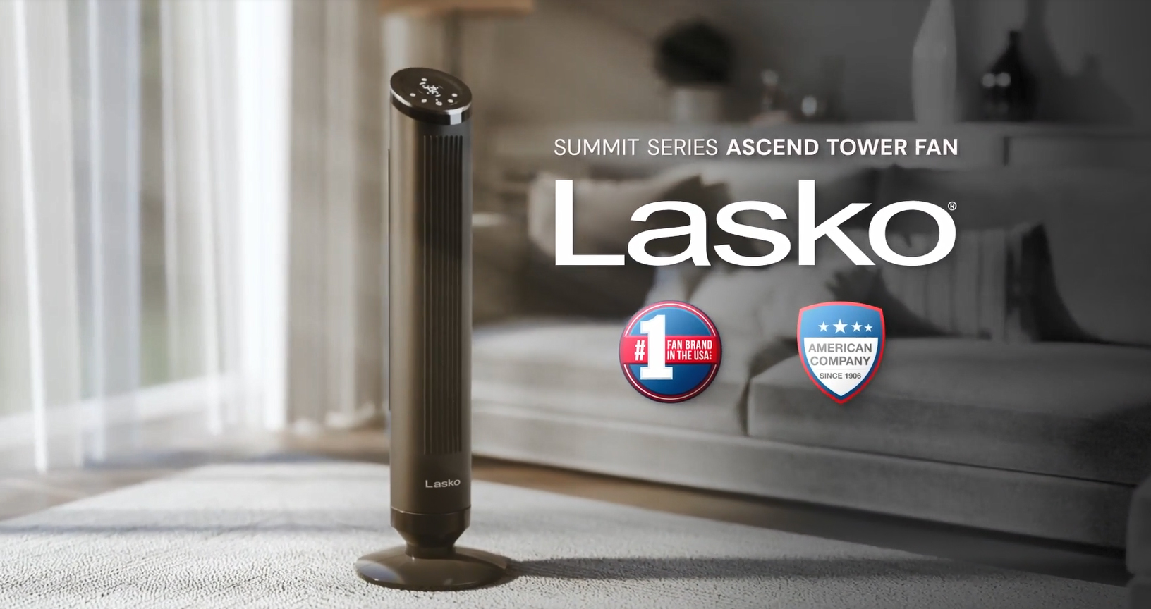 thumbnail video image 2 of Lasko Ascend 36" 4-Speed Tower Fan 28 ft/s Airflow, 24dBA, Remote Control, Black, OST100, 2 of 16
