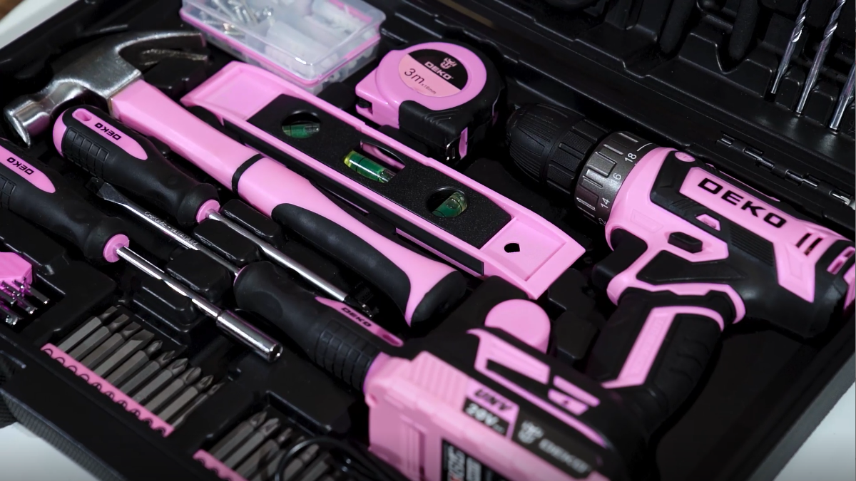 thumbnail video image 2 of DEKOPRO 20V Pink Cordless Drill Driver Set for Women, 186-Piece Hand Tool Set, Lady's Home DIY Tool Kit with Battery, 2 of 8