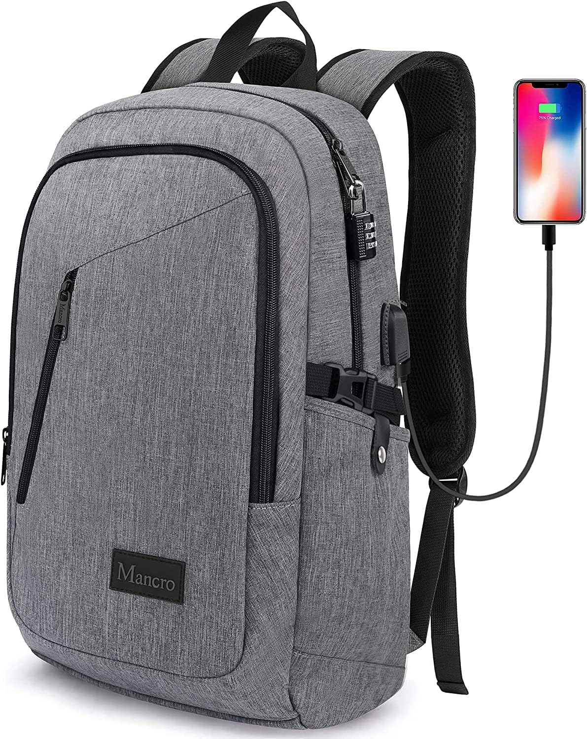 thumbnail video image 2 of Mancro Laptop Backpack with USB Charging Port & Lock, Water Resistant Carry on Travel Backpack for Men and Women Fits 15.6 in Laptop, Gray, 2 of 8