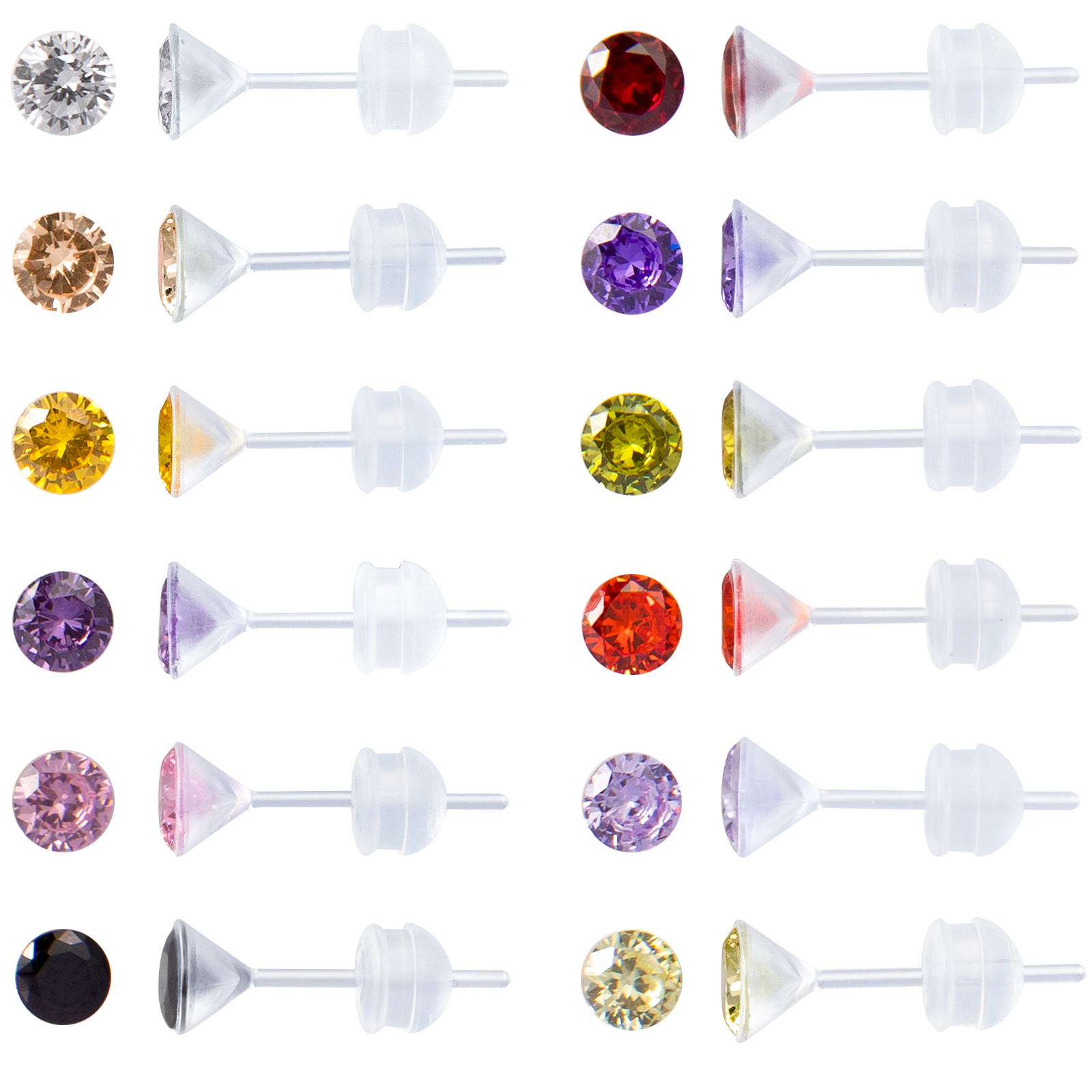 thumbnail video image 2 of 12 Pairs Plastic Stud Earrings for Sensitive Ears, Round Heart Star Cubic Zirconia Birthstone CZ Stud Earring Sets for Women, 2 of 7