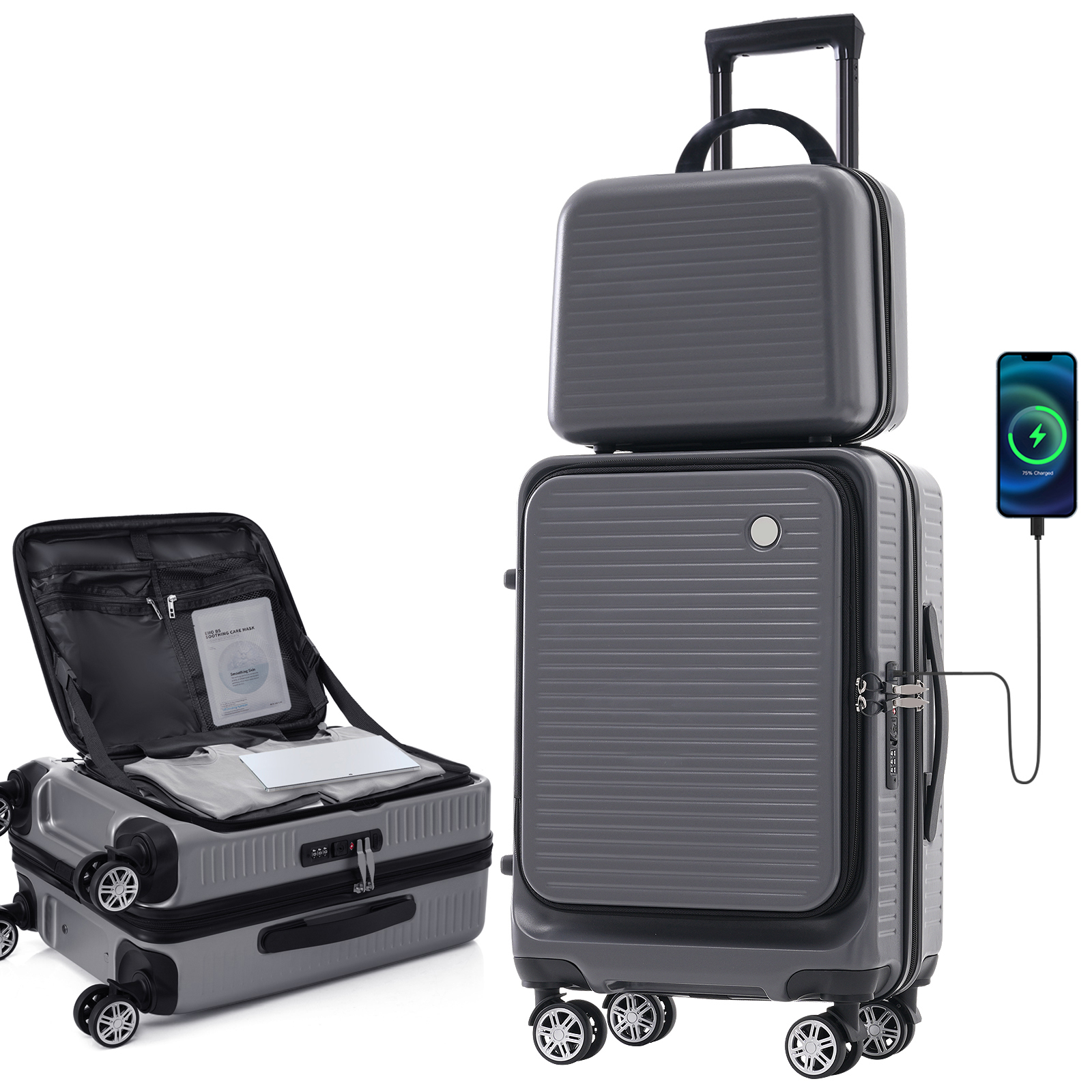 thumbnail video image 2 of Luggage with USB Port, Lightweight Suitcase with Cosmetic Case, Carry On Luggage with Spinner Wheels, Light Blue, 2 of 7