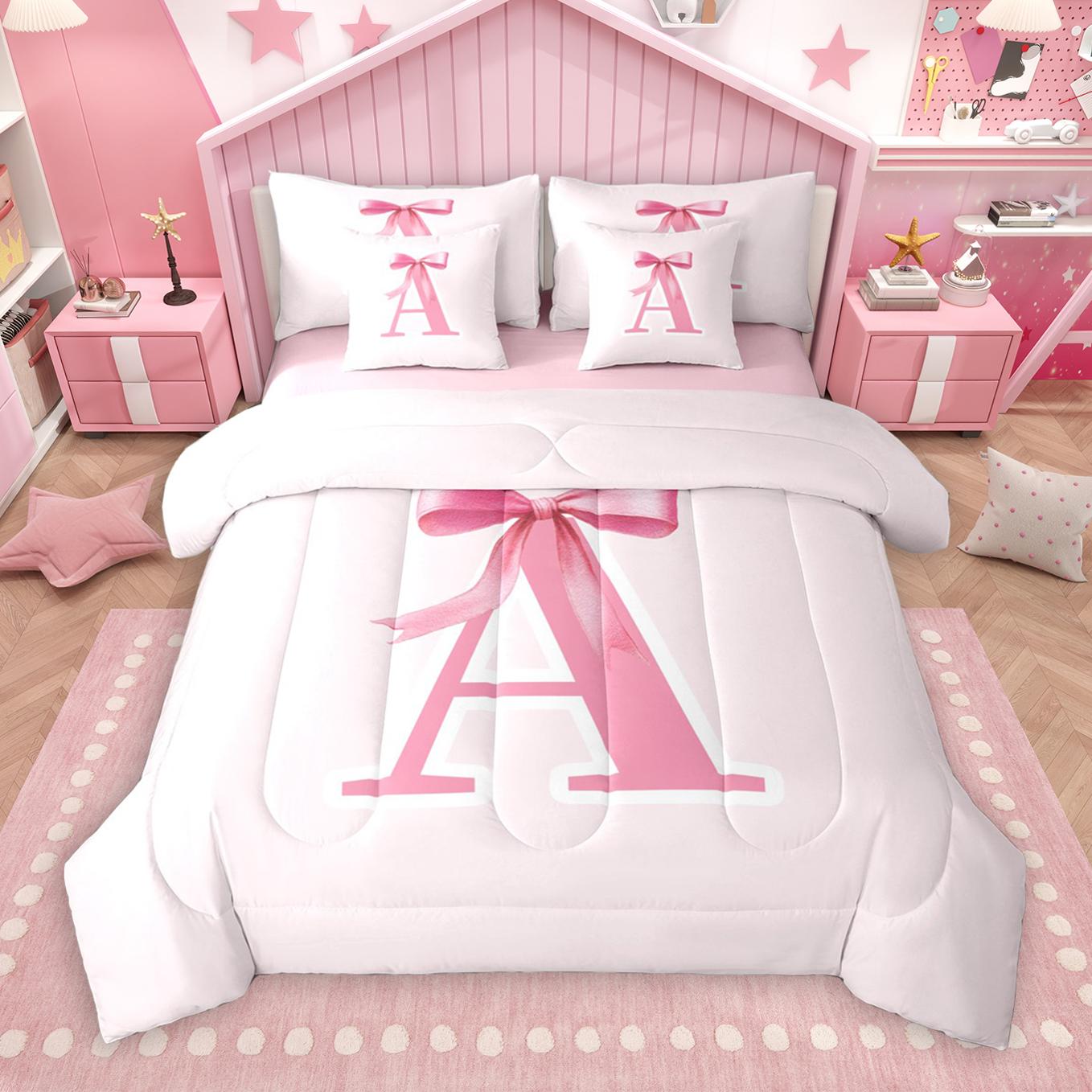 thumbnail video image 2 of Manfei Bow Initial Letter J 7pcs Bedding Comforter Set,Kawaii Bowtie Ribbon Queen Bedding Sets,Girls Pink Bowknot Queen Sheet Sets For Princess,Breathable Bedroom Decoration Reversible, 2 of 9