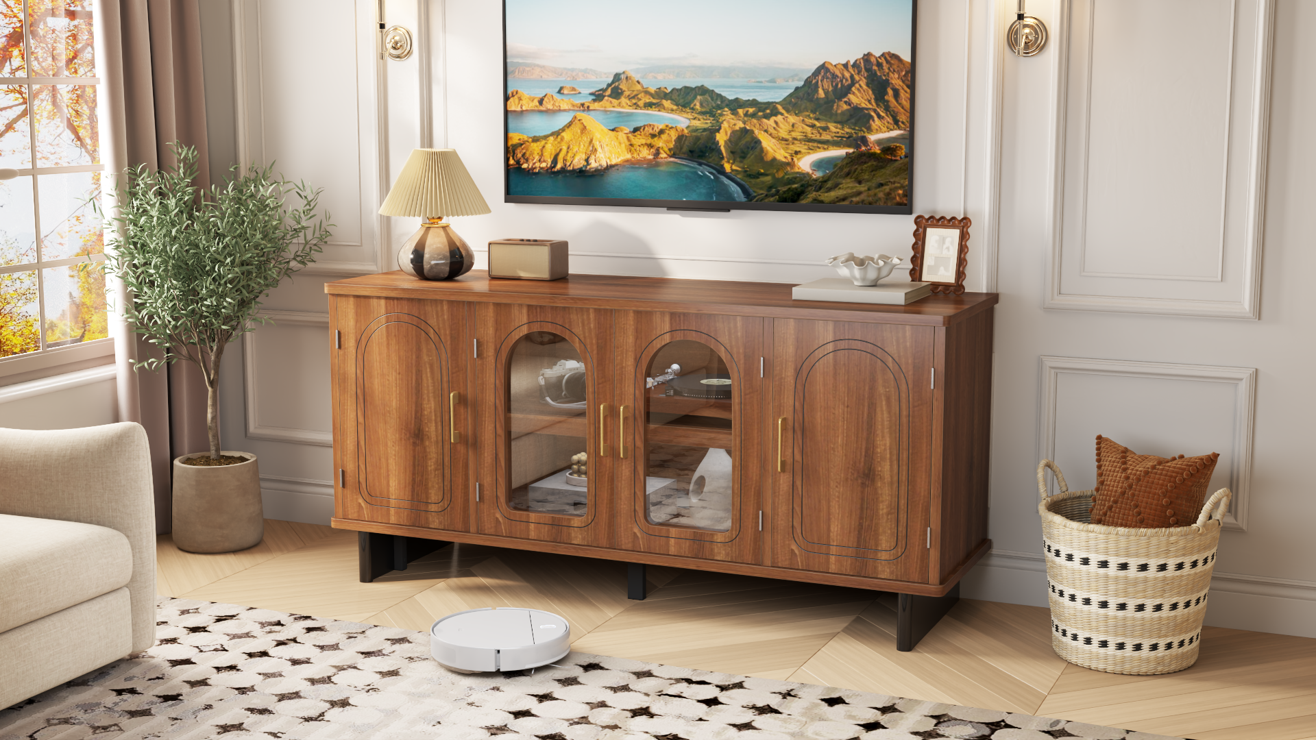 thumbnail video image 2 of Bestier Mid-Century Modern TV Stand for 65 inch TVs,TV Console Table with Glass Doors,TV Stand with Storage for Living Room,Walnut, 2 of 8