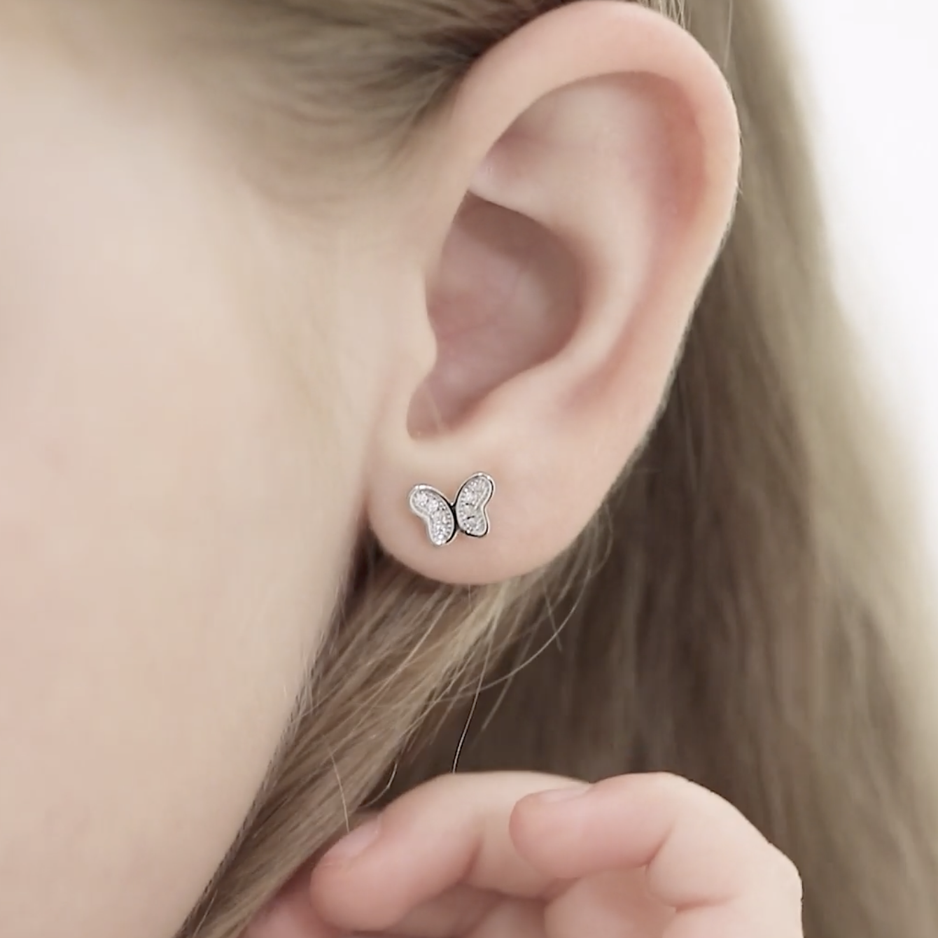 thumbnail video image 2 of 925 Sterling Silver Butterfly CZ Screw Back Earrings for Toddlers Young Girls, 2 of 9