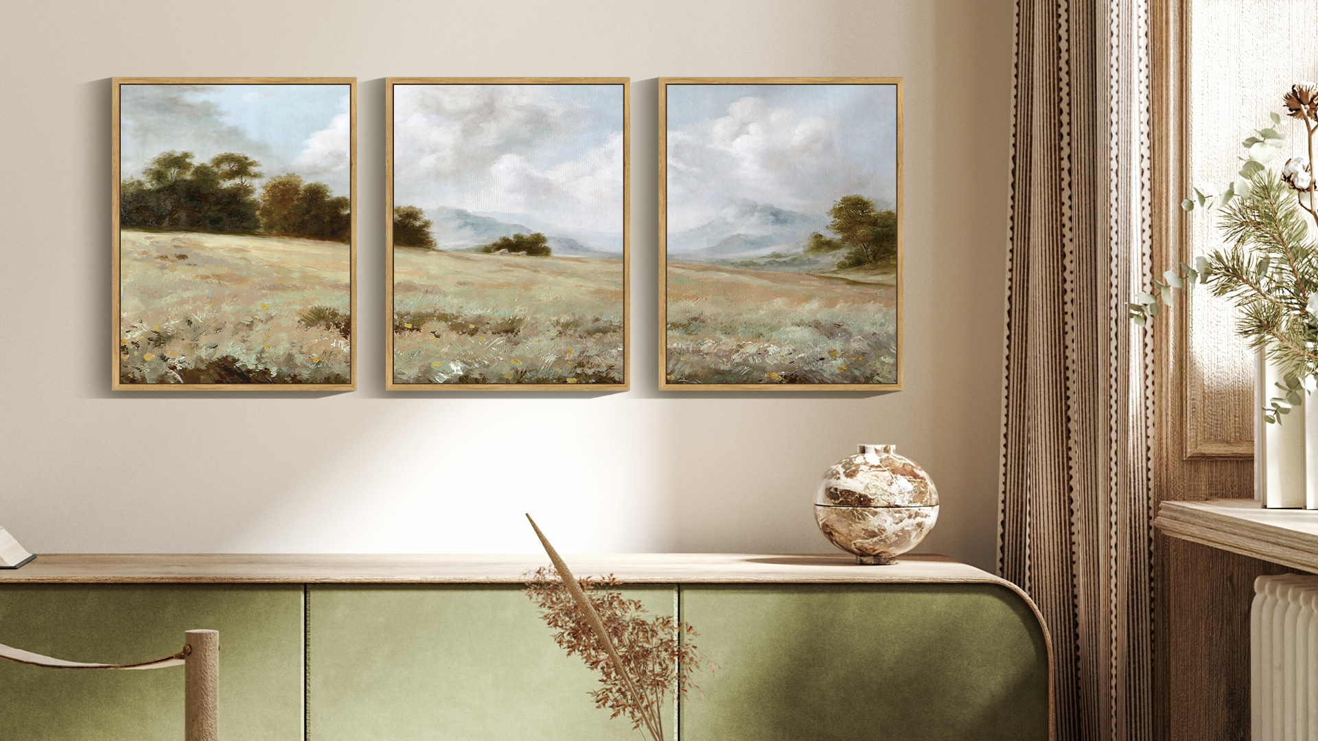 thumbnail video image 2 of Retro 11x14in3pcs Natural Framed Landscape Wall Art Large Grassland Wall Prints Classic Vintage Farmhouse Wall Decor for Living Room Bedroom, 2 of 7