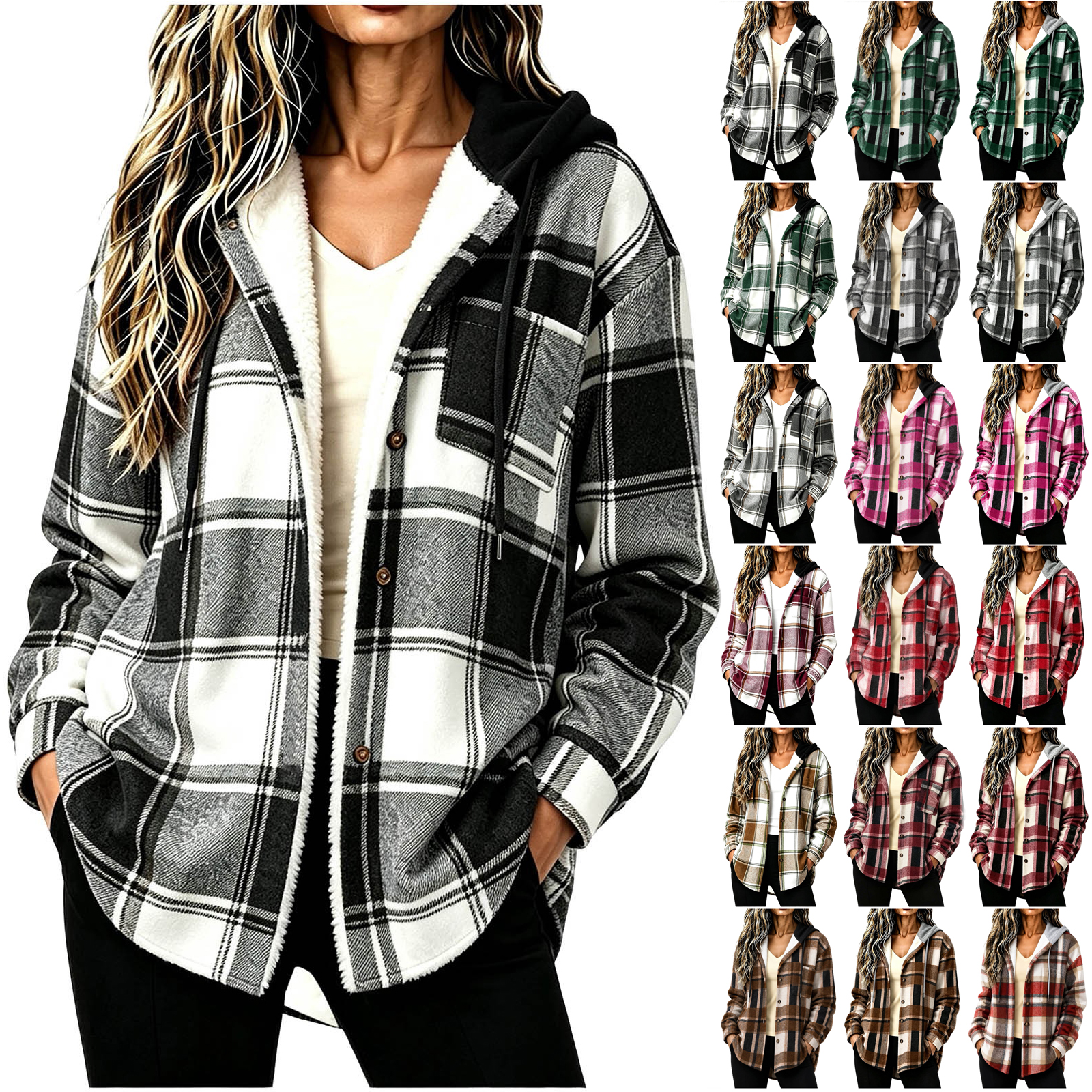 thumbnail video image 2 of Otntypg Flannel Plaid Hoodies for Women Fall Winter Casual Long Sleeve Button up Sherpa Fleece Lined Drawstring Hooded Outwear Coat Trendy 2025 Thick Warm Shacket Jackets D-Green M, 2 of 8