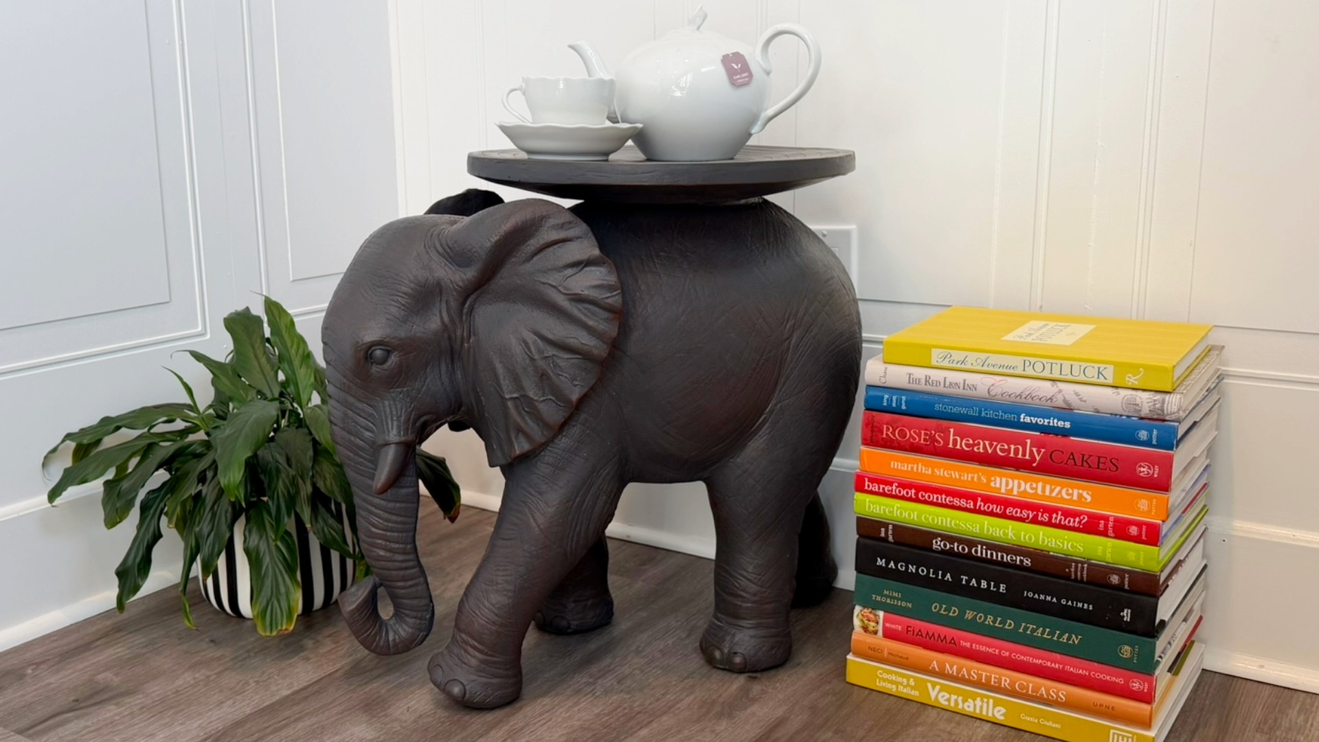 thumbnail video image 2 of WHW Elephant Side Table, Round Top, Handcast Resin, Brown, 22.75 Inches, 2 of 10