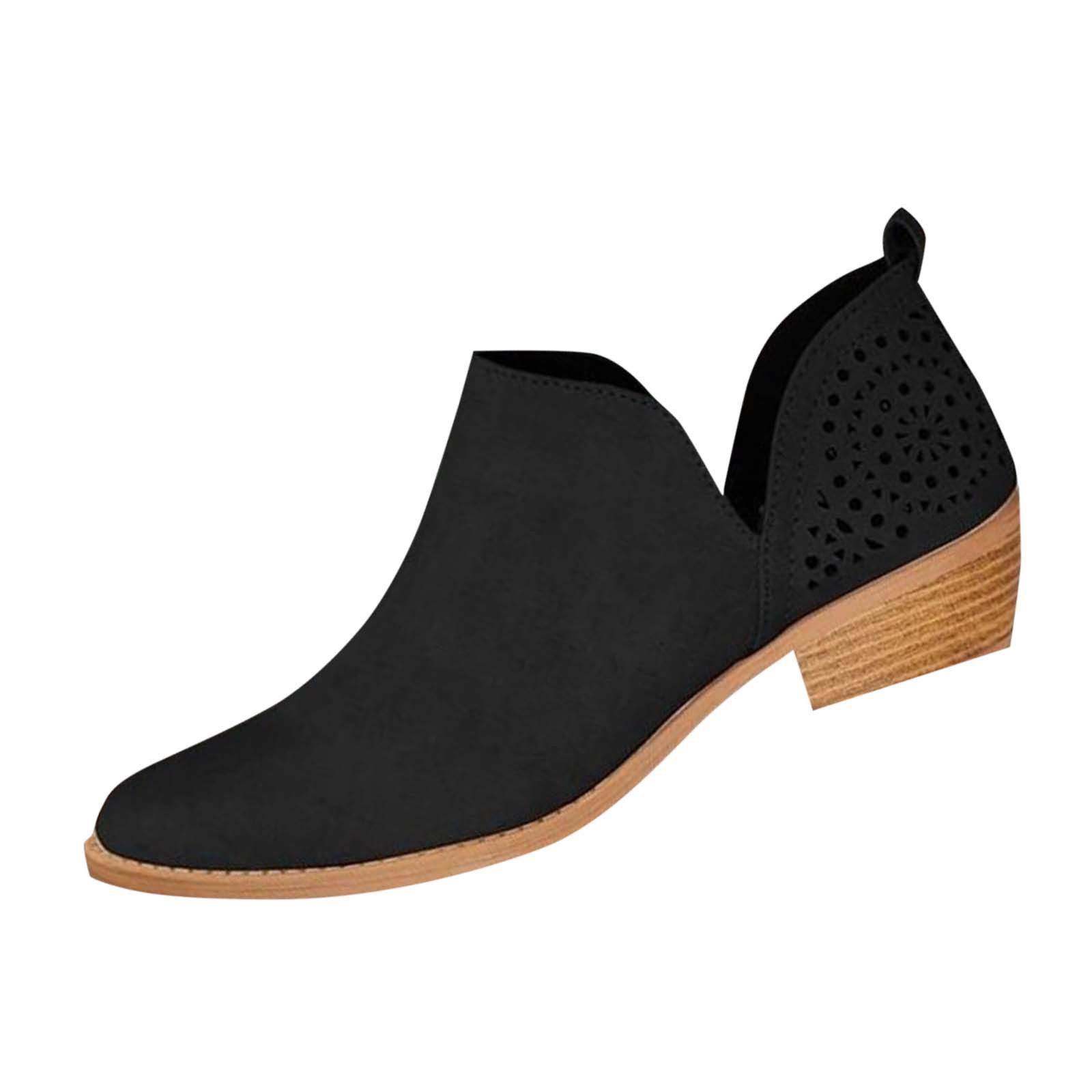 thumbnail video image 2 of DeHolifer Fall Boots for Women Fashion Hollow Slip On Booties Casual Pointed Toe Breathable Shoes Solid Chunky Heel Ankle Boot, 2 of 5