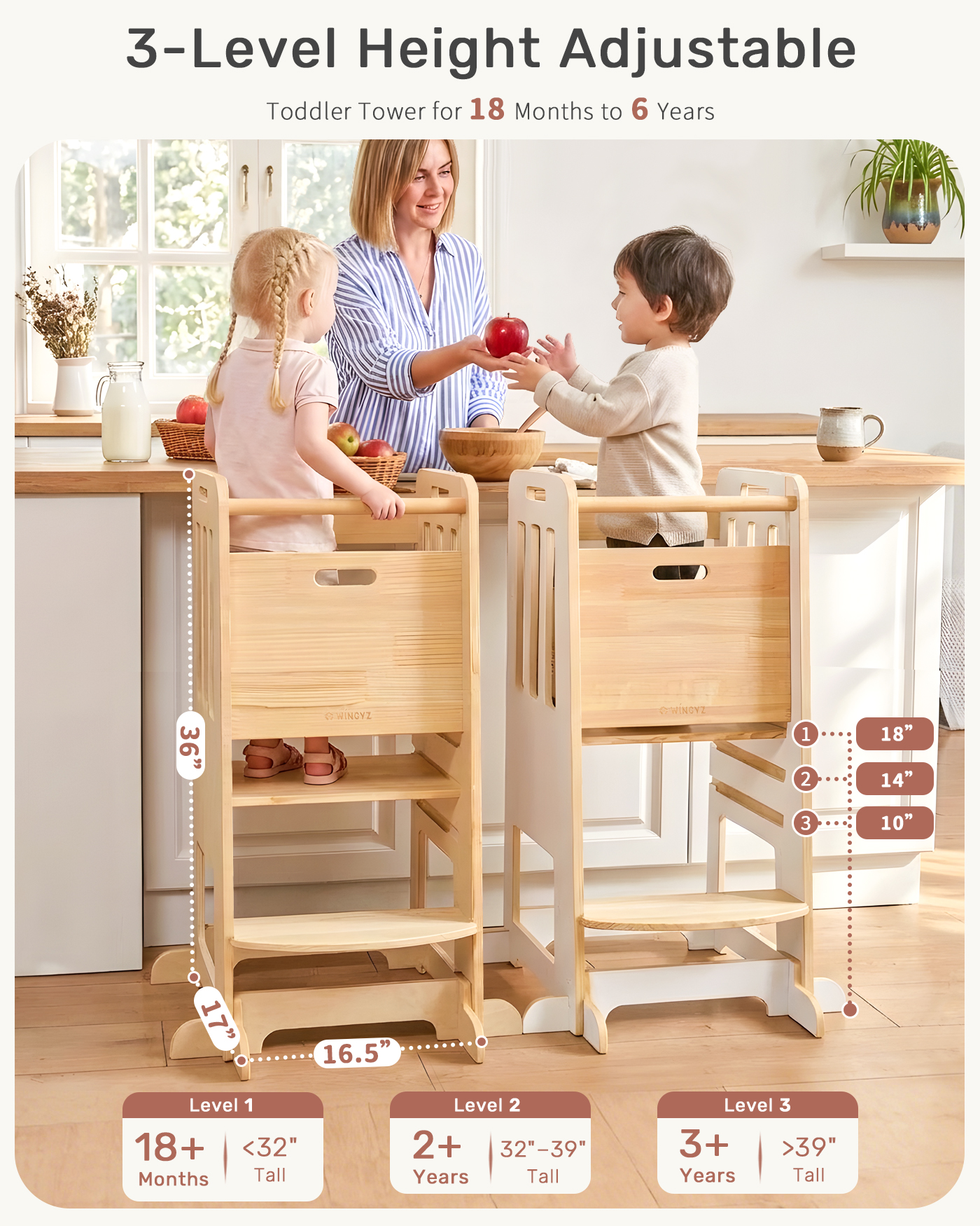 thumbnail video image 2 of Toddler Standing Tower, Kids Kitchen Stool Helper 3 Levels Adjustable Height Wooden Toddler Step Stools for Learning New Skills, 2 of 11
