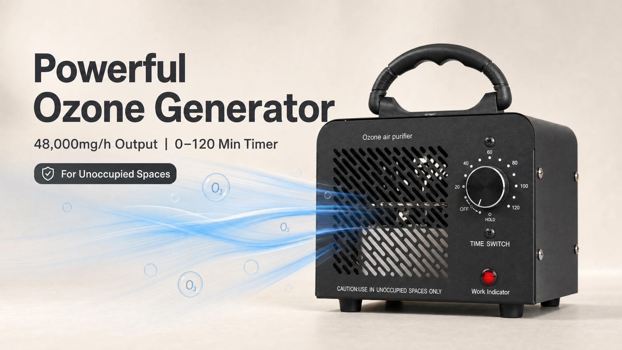 thumbnail video image 2 of Ozone Generator 48,000mg/h Commercial Odor Eliminator, 55W O3 Deodorizer Machine for Unoccupied Spaces, Smoke Pet Cooking Odor Removal for Car Garage Basement, up to 4000 Sq Ft, Black, 2 of 9