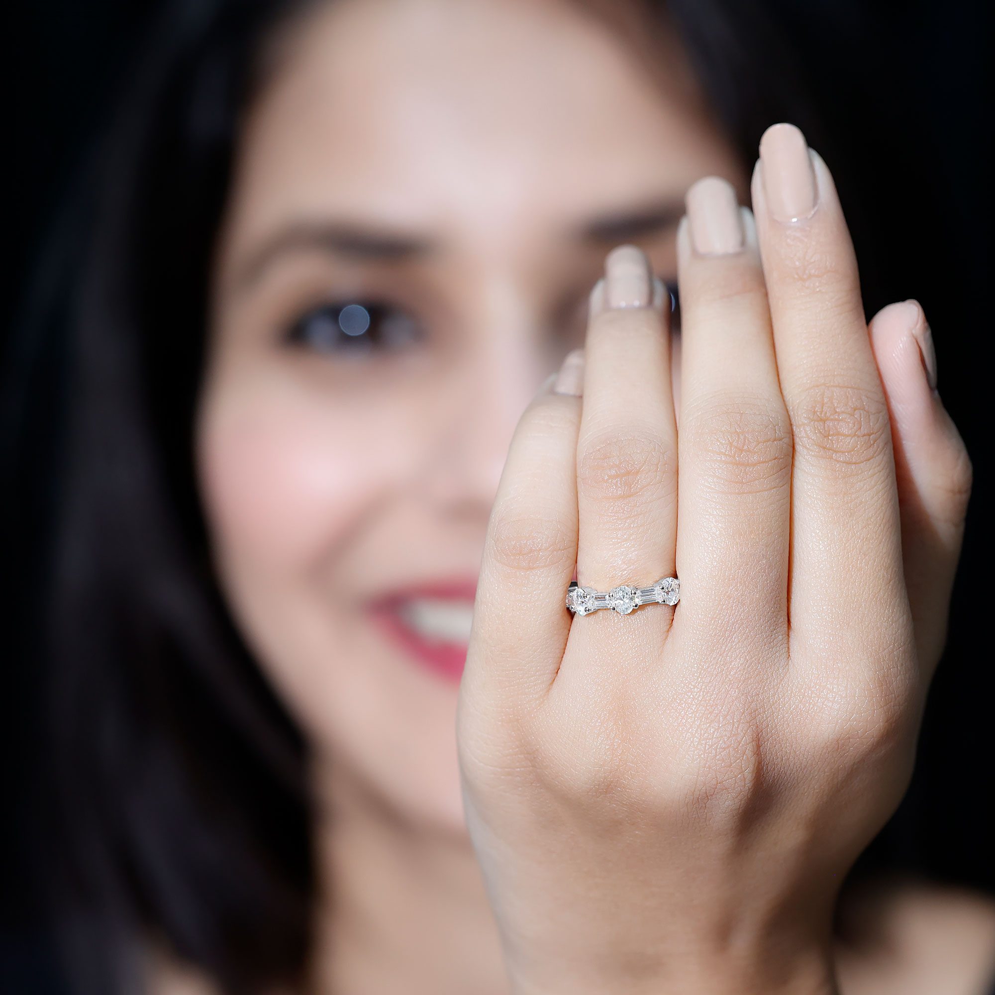 thumbnail video image 2 of Rosec Jewels Moissanite Half Eternity Ring for Women - D Color VS1 Clarity, 925 Sterling Silver, US 4.00, 2 of 8