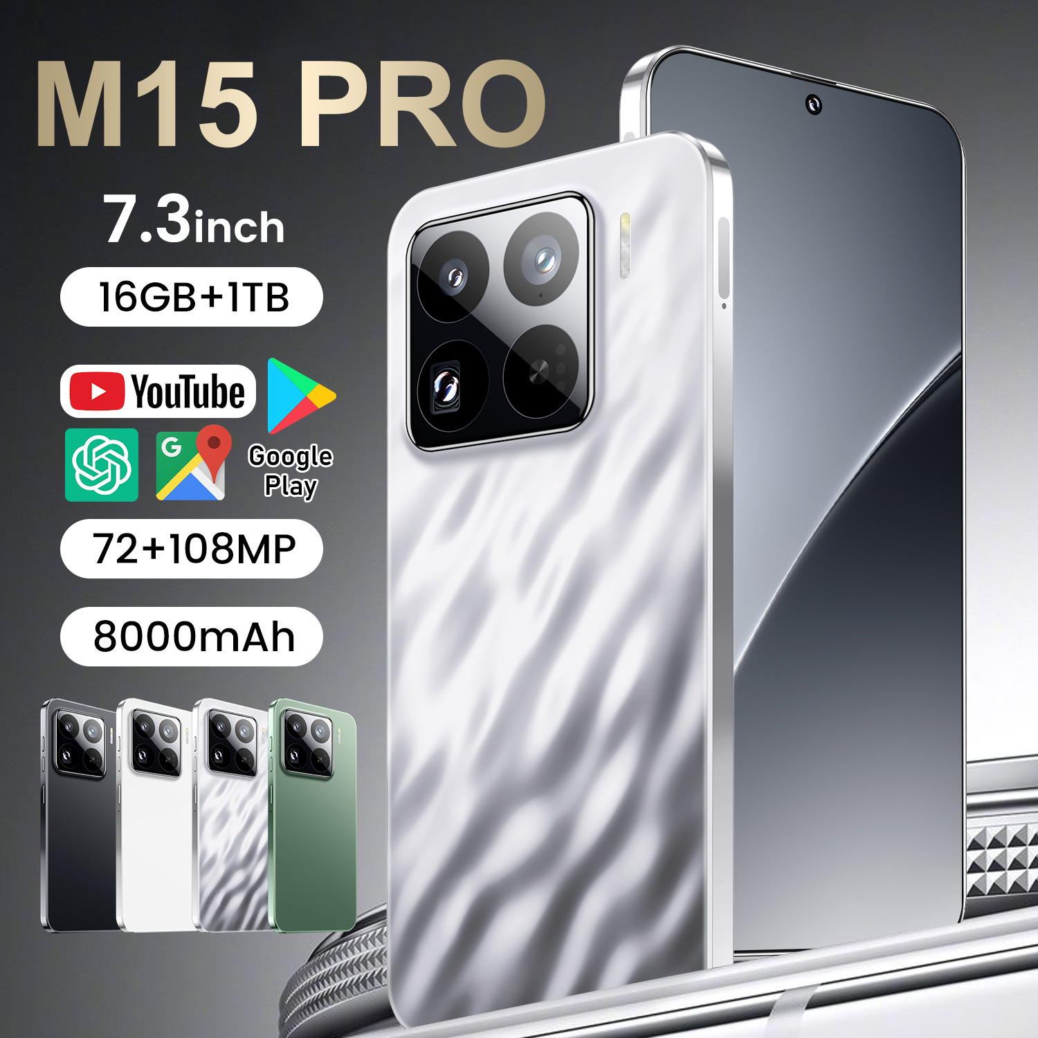 thumbnail video image 2 of Global Version M15 Pro 5G Smartphone Snapdragon 8 Gen3 7.3" 120Hz Screen 8000mAh Battery Fast Charge Cell Phones Celular, 2 of 17