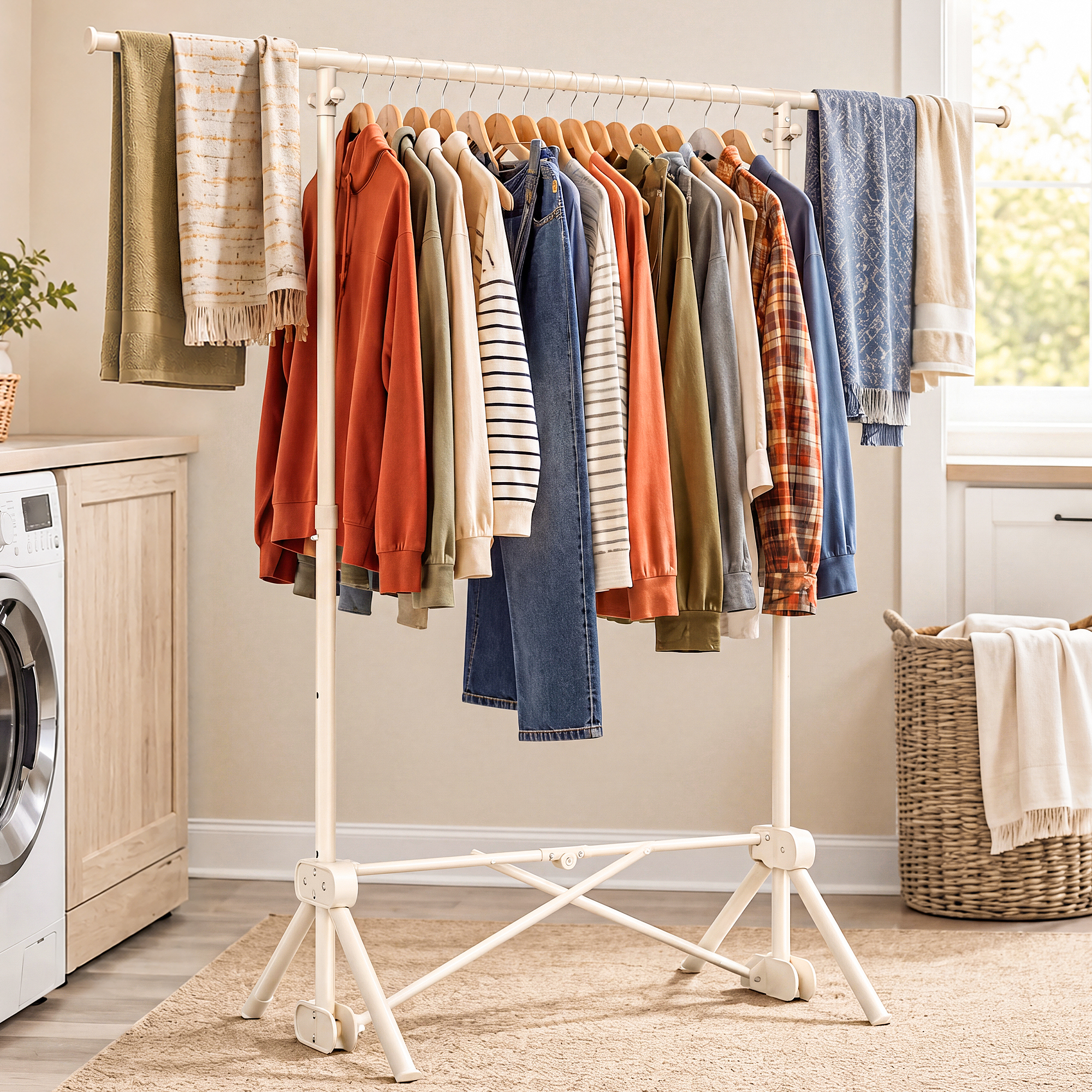 thumbnail video image 2 of HOKEEPER Foldable Clothes Rack, Heavy Duty Clothing Garment Rack for Hanging Clothes Adjustable Height Tool-Free Instant Setup Beige, 2 of 9