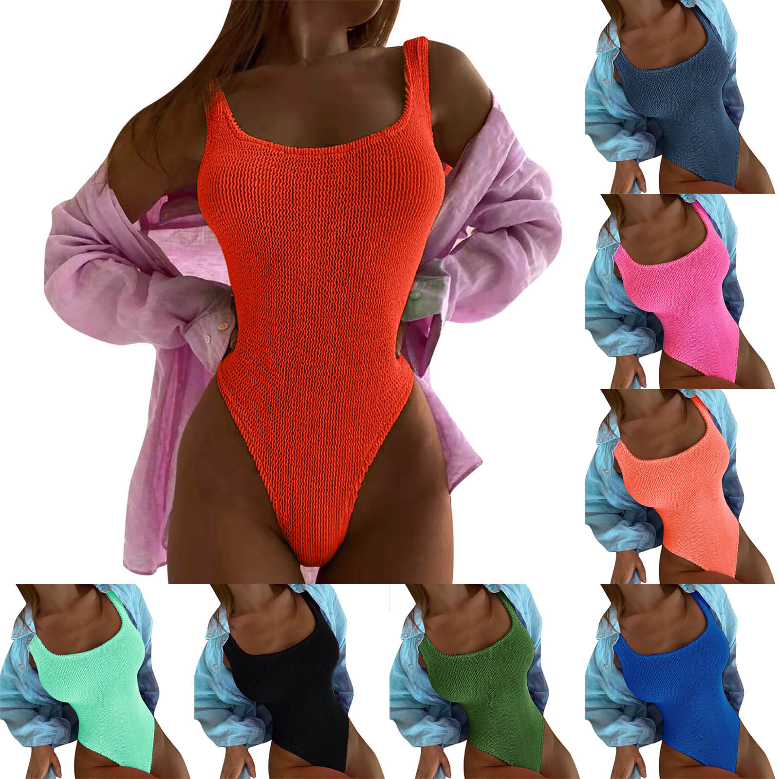 thumbnail video image 2 of WREESH Womens One Piece Swimsuits Wrinkled Cloth Wave Fluorescent Solid Color Fashion Swimsuit Sleeveless Bathing Suits Light Blue, 2 of 9
