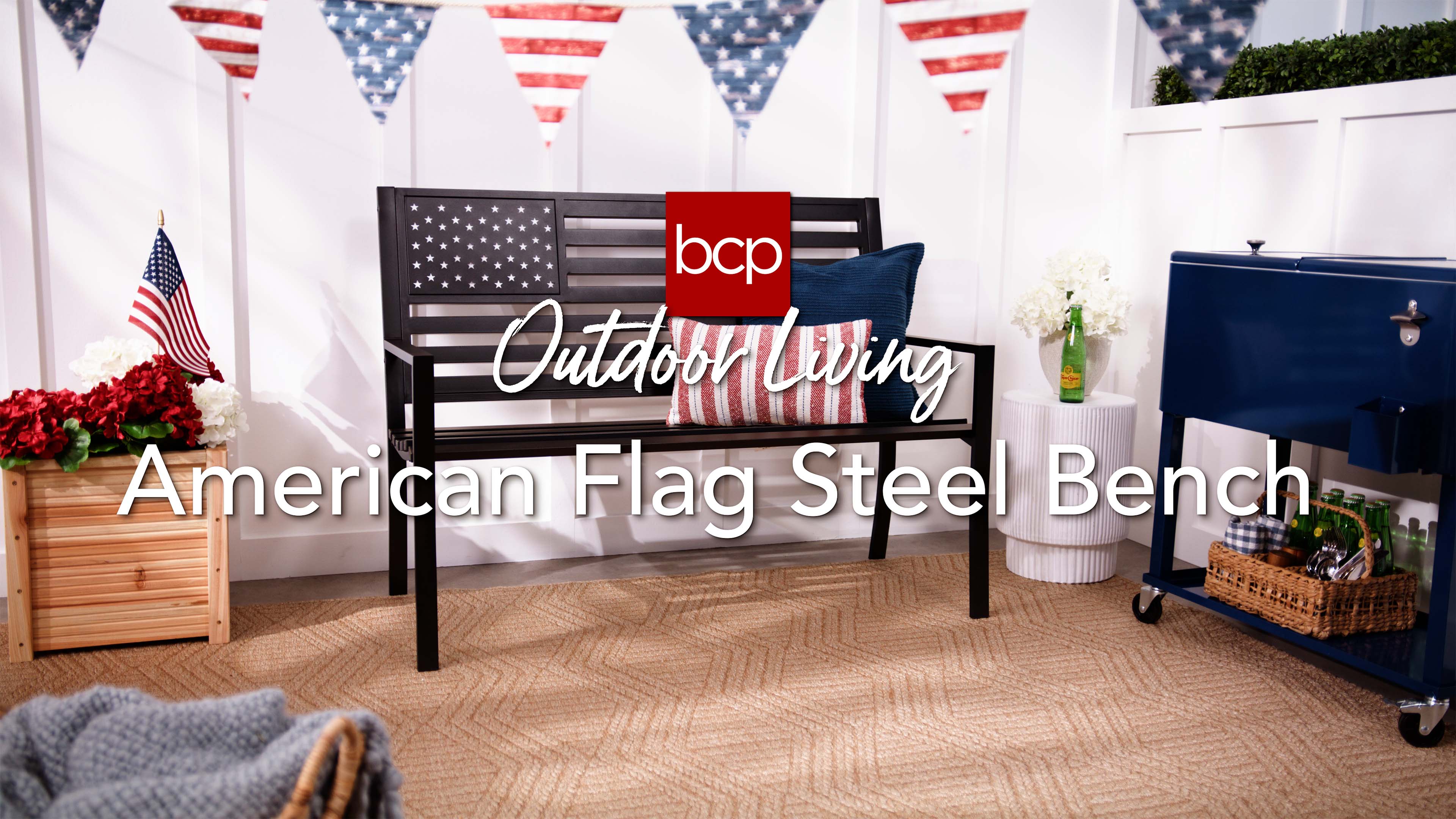 thumbnail video image 2 of Best Choice Products Indoor Outdoor Steel Garden Bench w/ Patriot EditionBackrest, 790lb Capacity - Midnight, 2 of 7