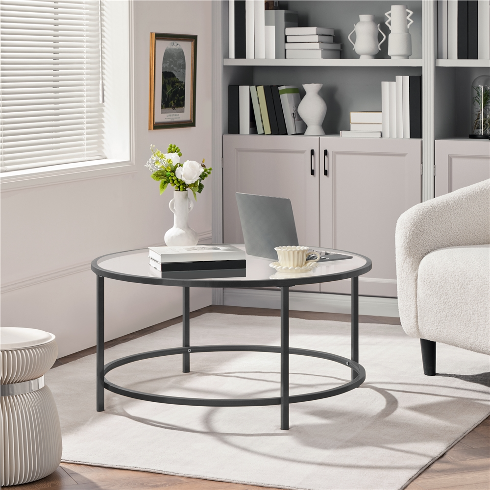 thumbnail video image 2 of Alden Design Round Modern Glass-Top Coffee Table for Living Room, Black, 2 of 9