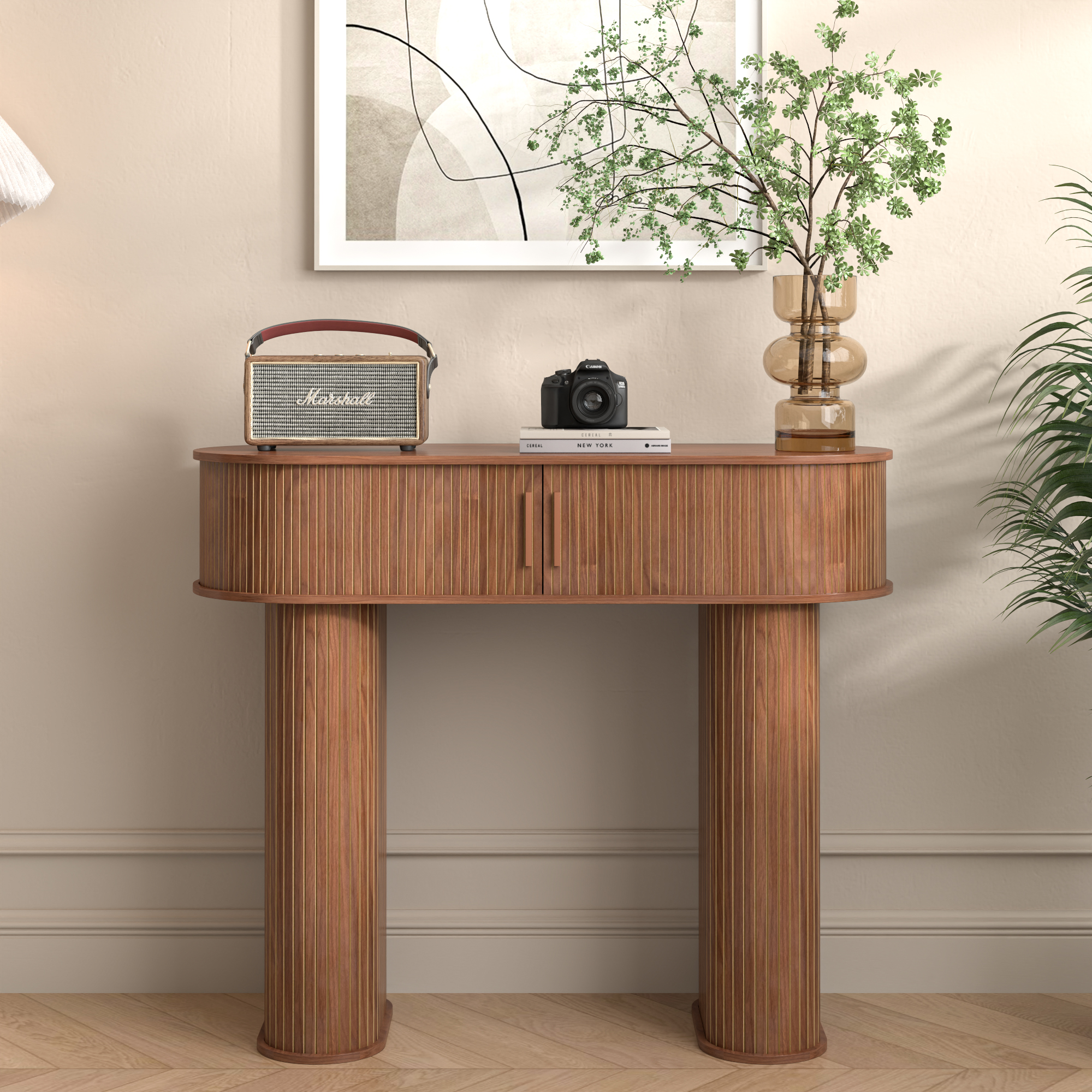 thumbnail video image 2 of Console Table with Storage, Entry Table with Sliding Door, Wood Sofa Table for Hallway Living Room, 2 of 8