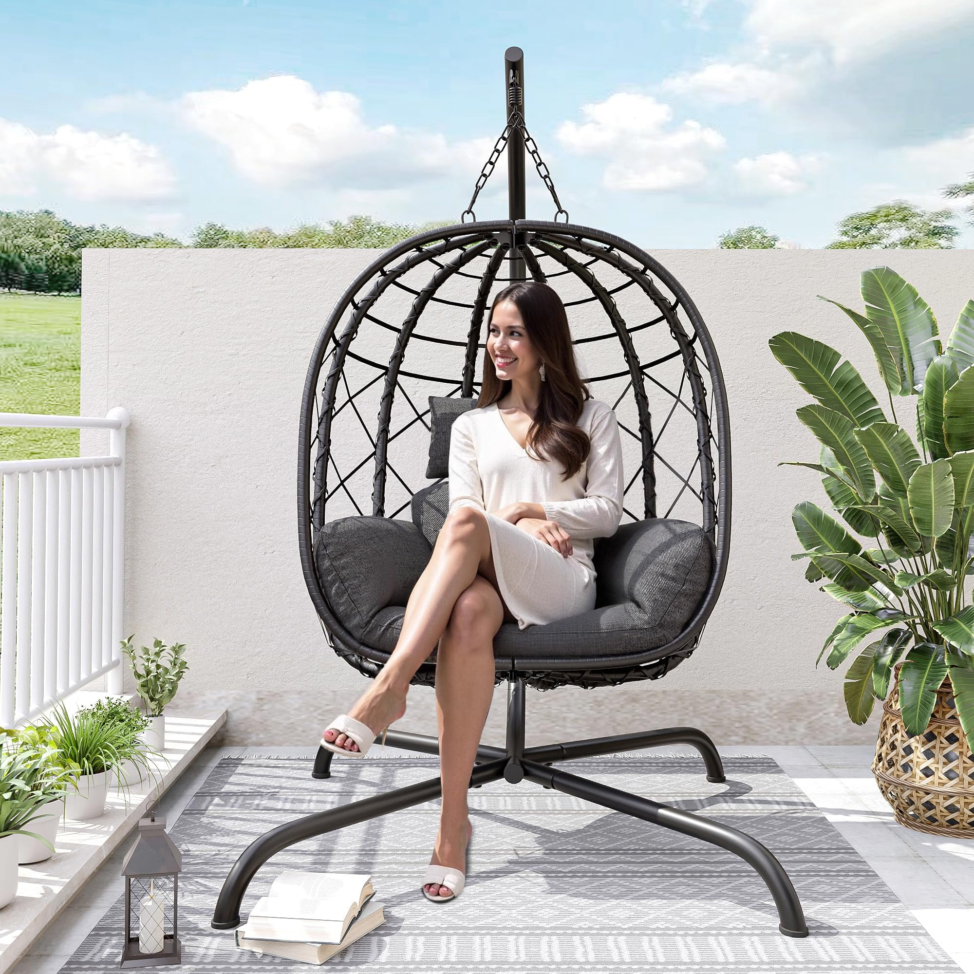 thumbnail video image 2 of TQKVIPI Wicker Egg Chair Outdoor Indoor,Foldable Patio Hanging Egg Chair with Stand,Swing Chair with UV Resistant Cushion 350lbs Capacity for Bedroom, Patio, Garden and Balcony (Black+Dark Grey), 2 of 8