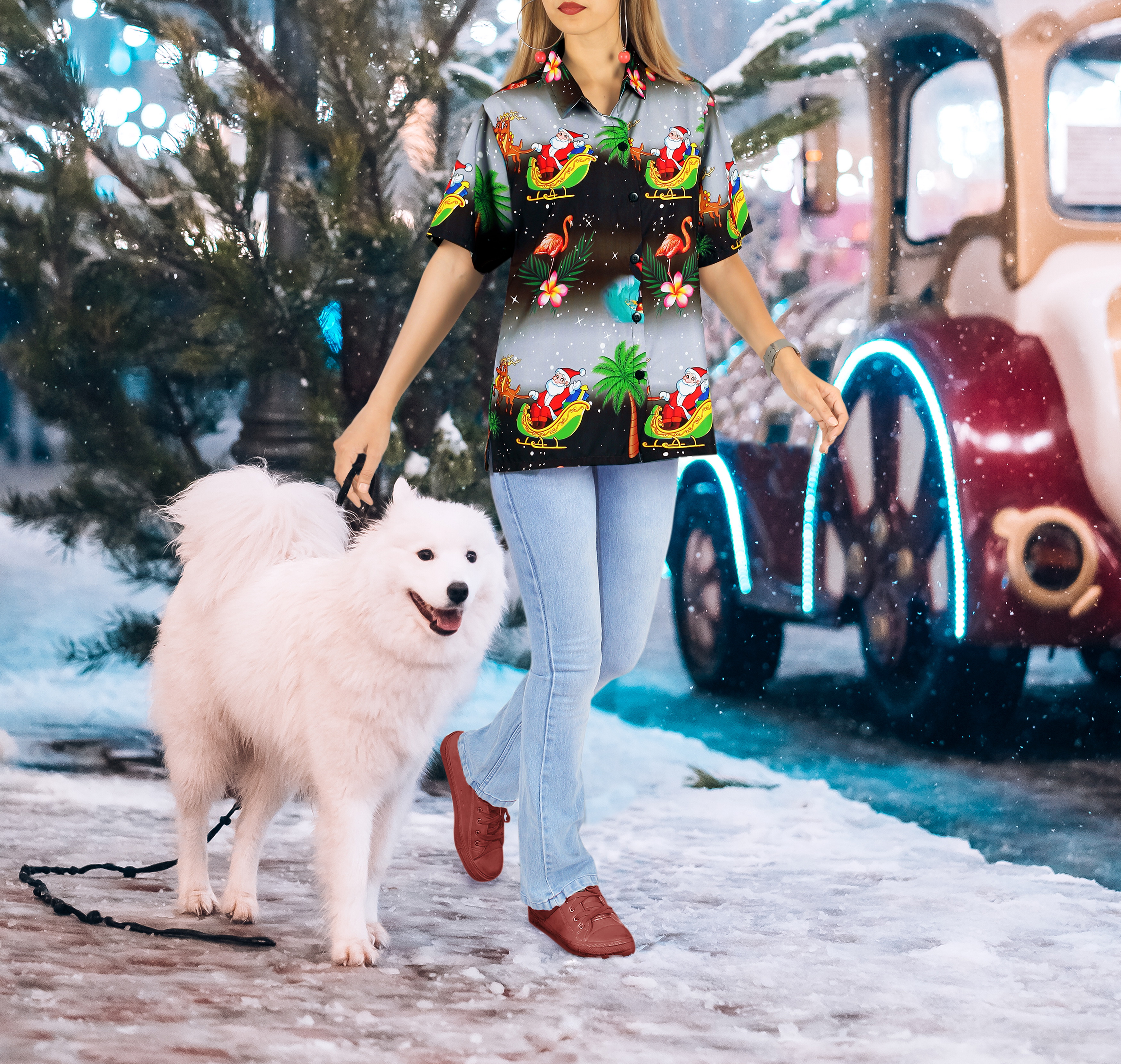 thumbnail video image 2 of HAPPY BAY Women's Beach Funny Santa Claus Party Blouse Flamingo Shirt Tops Short Sleeve Hawaiian Christmas Tree Shirts for Women XL Santa Surf, Black, 2 of 7