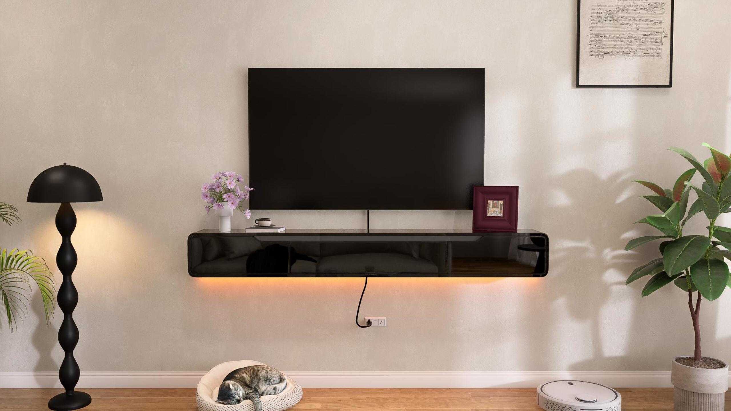 thumbnail video image 2 of FloatiCasa 55-inch High Gloss Fully Assembled Floating TV Stand Wall-Mounted TV Console for TVs up to 60" Modern Entertainment Center with Storage, 2 of 17