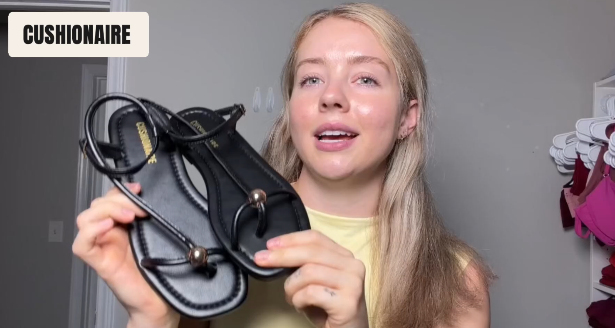thumbnail video image 2 of Cushionaire Alias Squared Toe Womens Sandals, T-Strap Flat Sandal with Cushioned Footbed and Adjustable Ankle Strap, 2 of 17