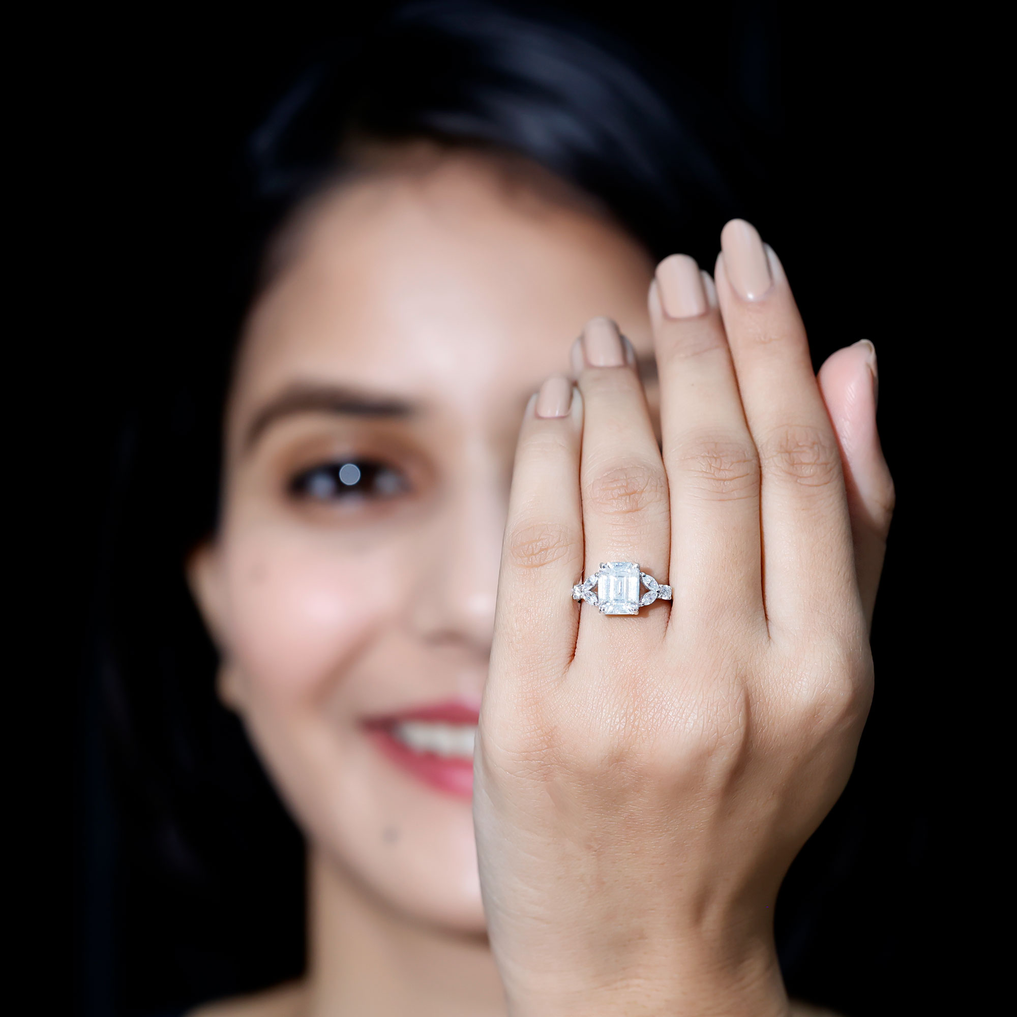 thumbnail video image 2 of Designer Moissanite Engagement Ring - 7X9 mm Emerald Cut Moissanite Ring - D-VS1 Grade, 10K White Gold, US 5.50, 2 of 8