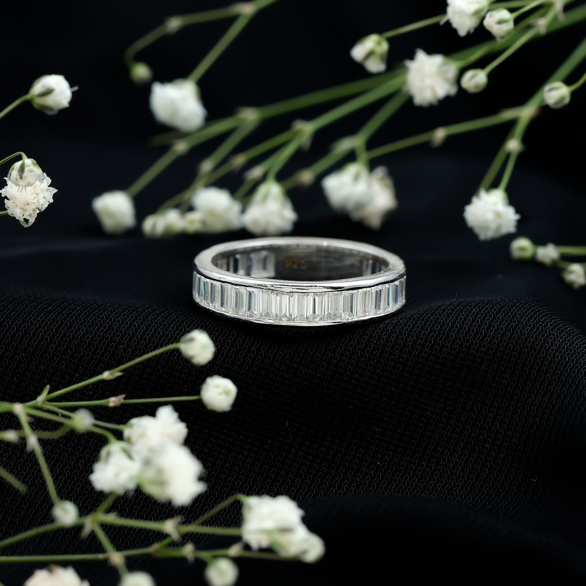 thumbnail video image 2 of Rosec Jewels Certified Baguette Moissanite Half Eternity Band - Mens Wedding Band - D-VS1 Quality - with Jewelry Box, 14K White Gold, US 13.00, 2 of 8