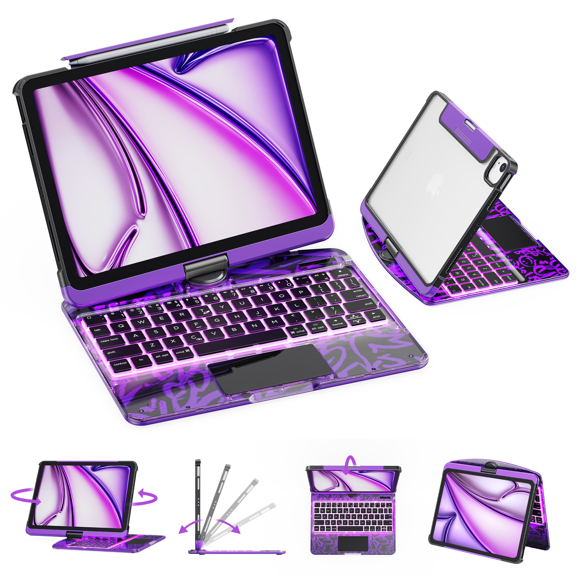 thumbnail video image 2 of GUSGU Transparent Case with Wireless Keyboard for iPad 11th Gen 11-in.(A16, 2025), 2022 iPad 10th Gen 10.9-in, 7 Colors Backlight, Trackpad, 360°Rotating Stand, Tech Style, 2 of 9