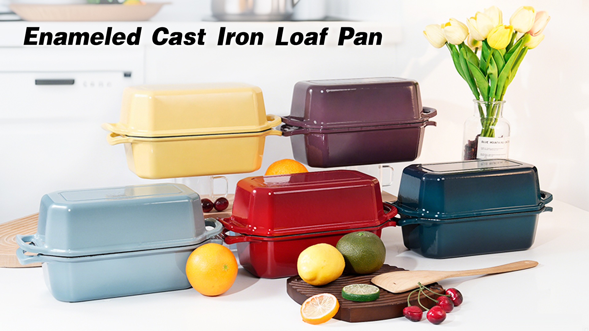 thumbnail video image 2 of Flavehc Bread Pan Cast Iron Loaf Pan with Lid Bread Loaf Pan 9x5 Inch Enameled Cast Iron Sourdough Bread Pan, LightBlue, 2 of 7