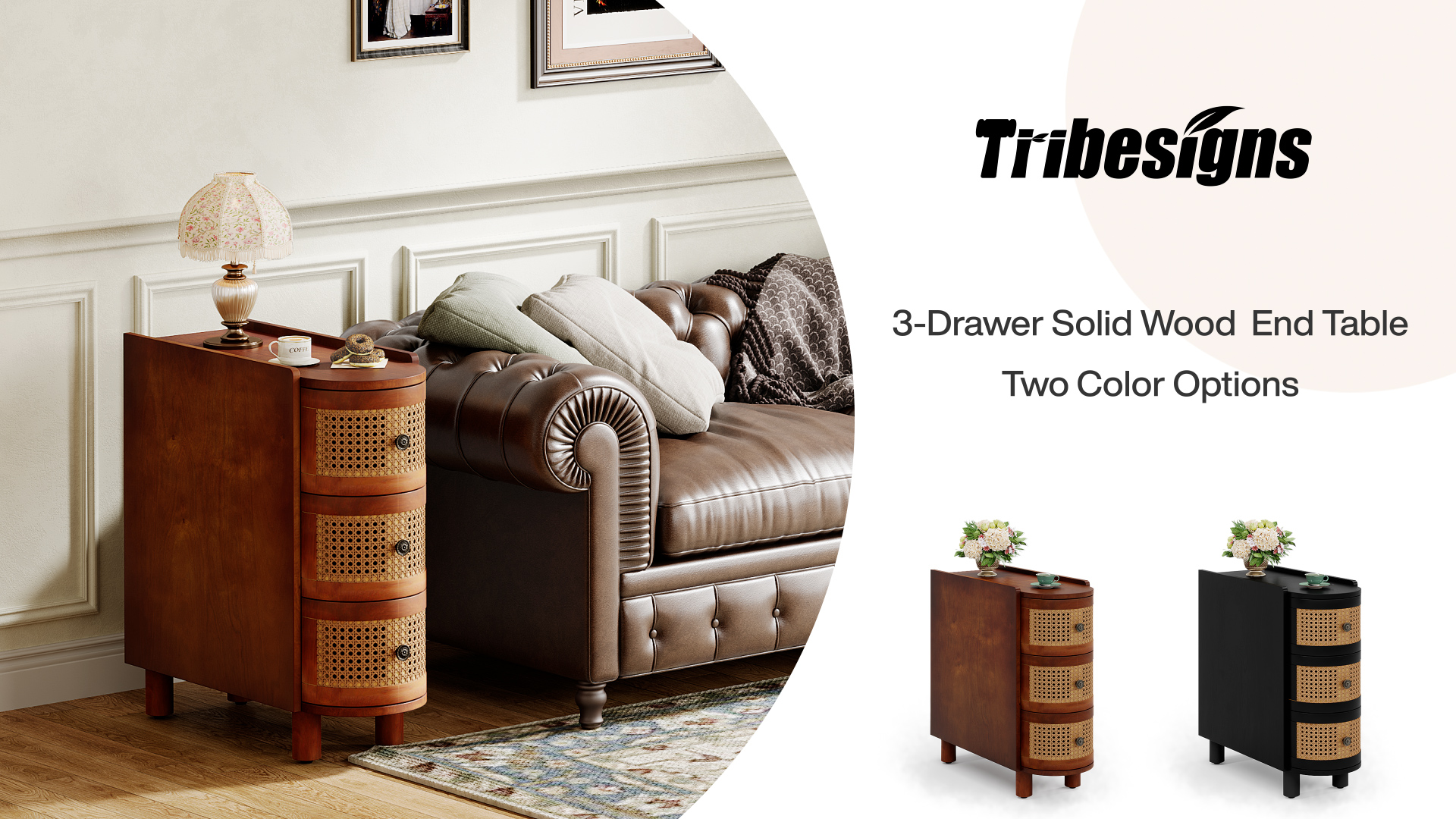 thumbnail video image 2 of Tribesigns Solid Wood End Table, 3-Drawer Rattan Side Table with 3 Rattan Drawers and Embossed Handles for Living Room, No Assembly Required (Walnut & Oak, 1PC), 2 of 6