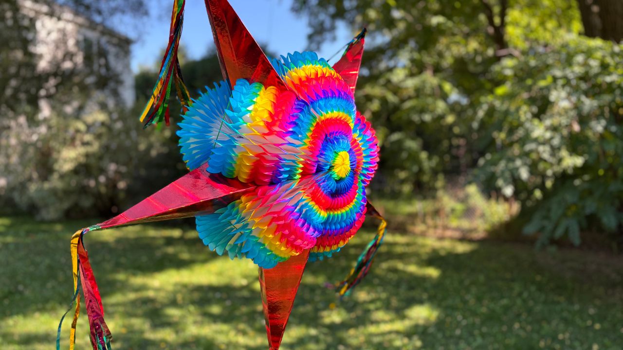 thumbnail video image 2 of Large Pinata with Red Cones Extra Strong Velcro (32") – Rainbow Cinco de Mayo Piñata - 25 Ft Rope Included - Mexican Star Pinata by TexMex Fun, 2 of 11