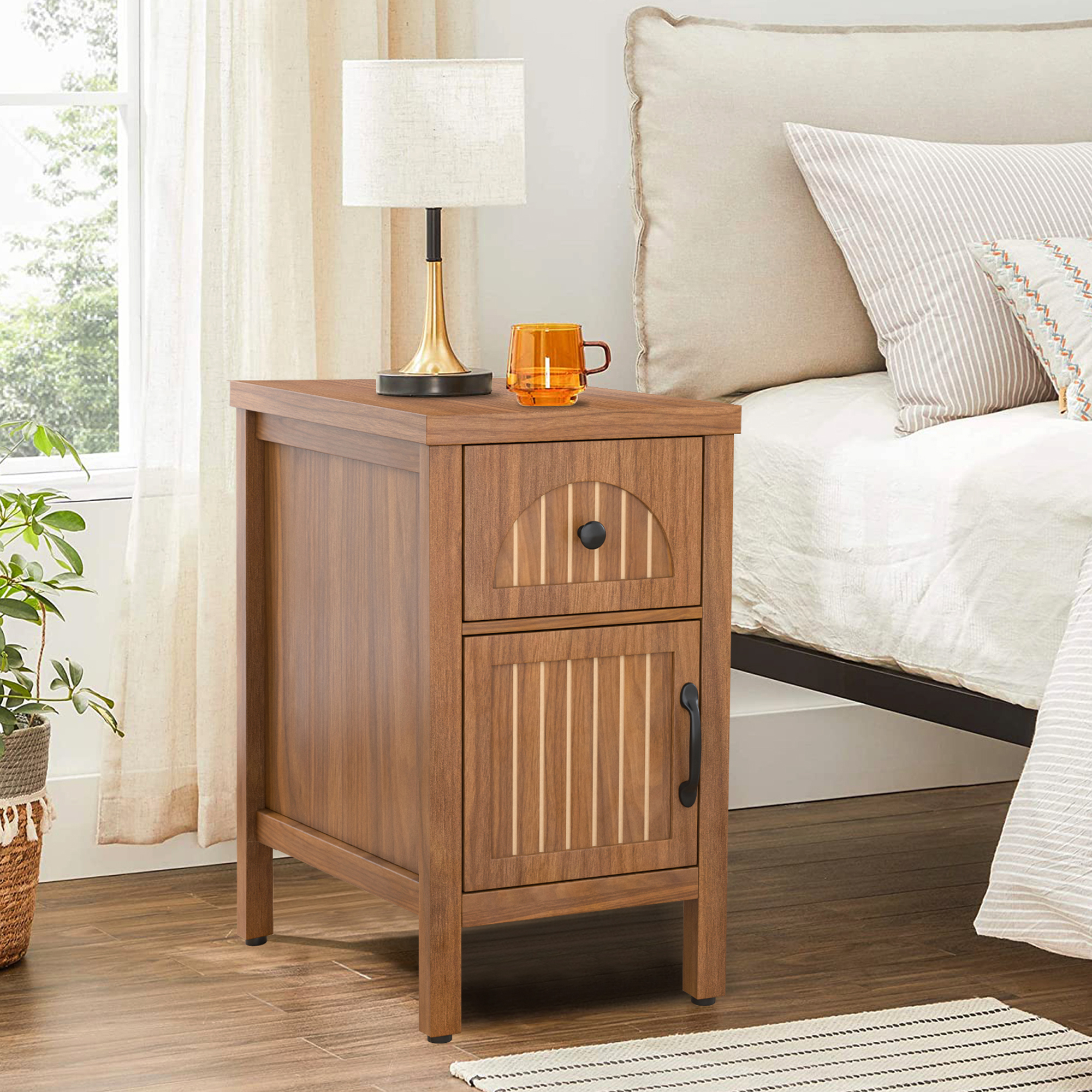 thumbnail video image 2 of Wood End Table, Narrow Side Table with Drawers, Slim Bedside Table for Small Spaces, Living Room, Bedroom, Walnut, 2 of 9