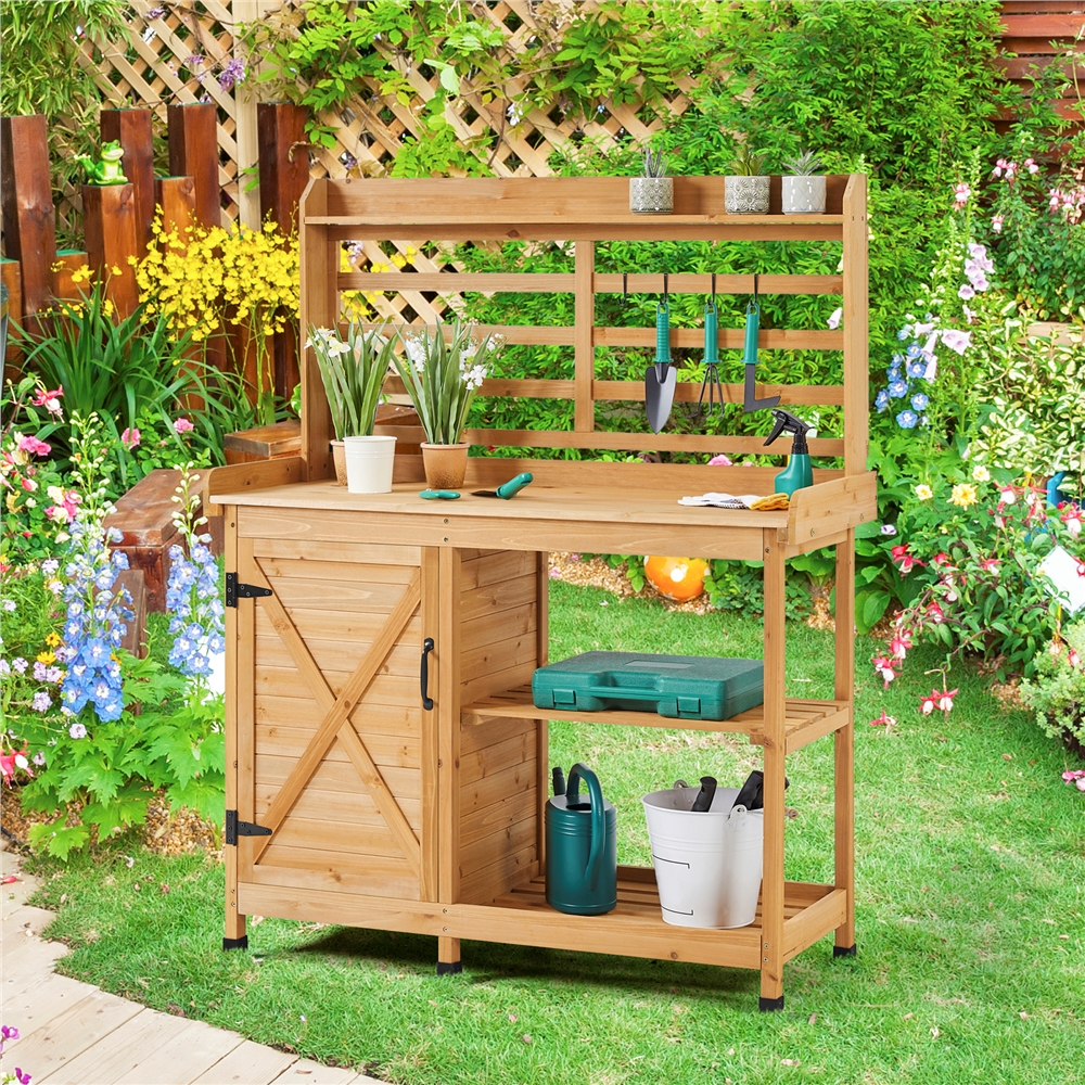 thumbnail video image 2 of Yaheetech 4-layer Garden Potting Bench Large  Workstation with Cabinet and Open Shelf for Patio/Lawn/Garden,Wood, 2 of 9