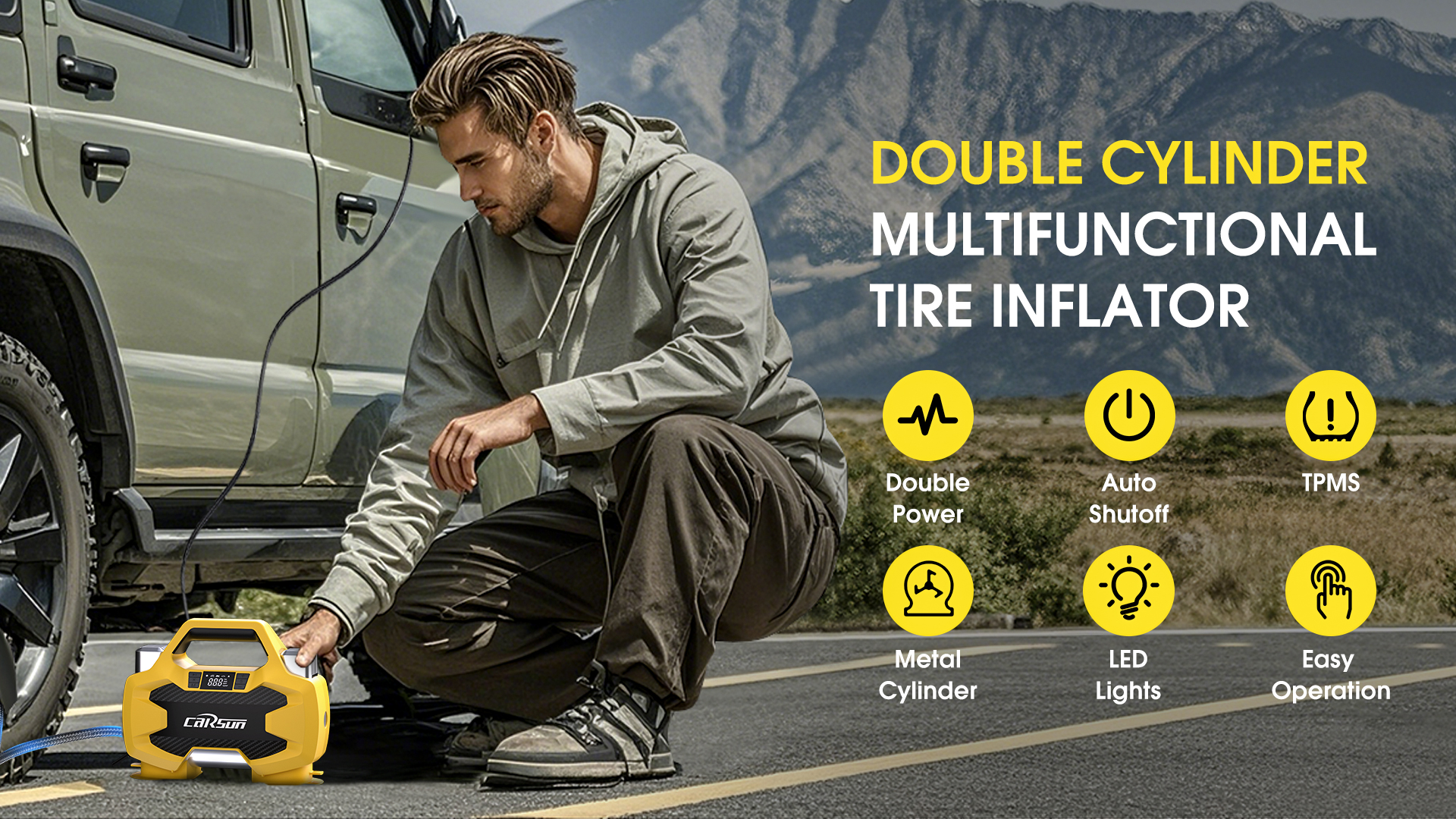 thumbnail video image 2 of CARSUN Portable Heavy Duty Tire Inflator Dual Cylinders Dual Motors 150PSI DC 12V Air Compressor for Pickup, Orvs, Suvs, Cars, 2 of 9