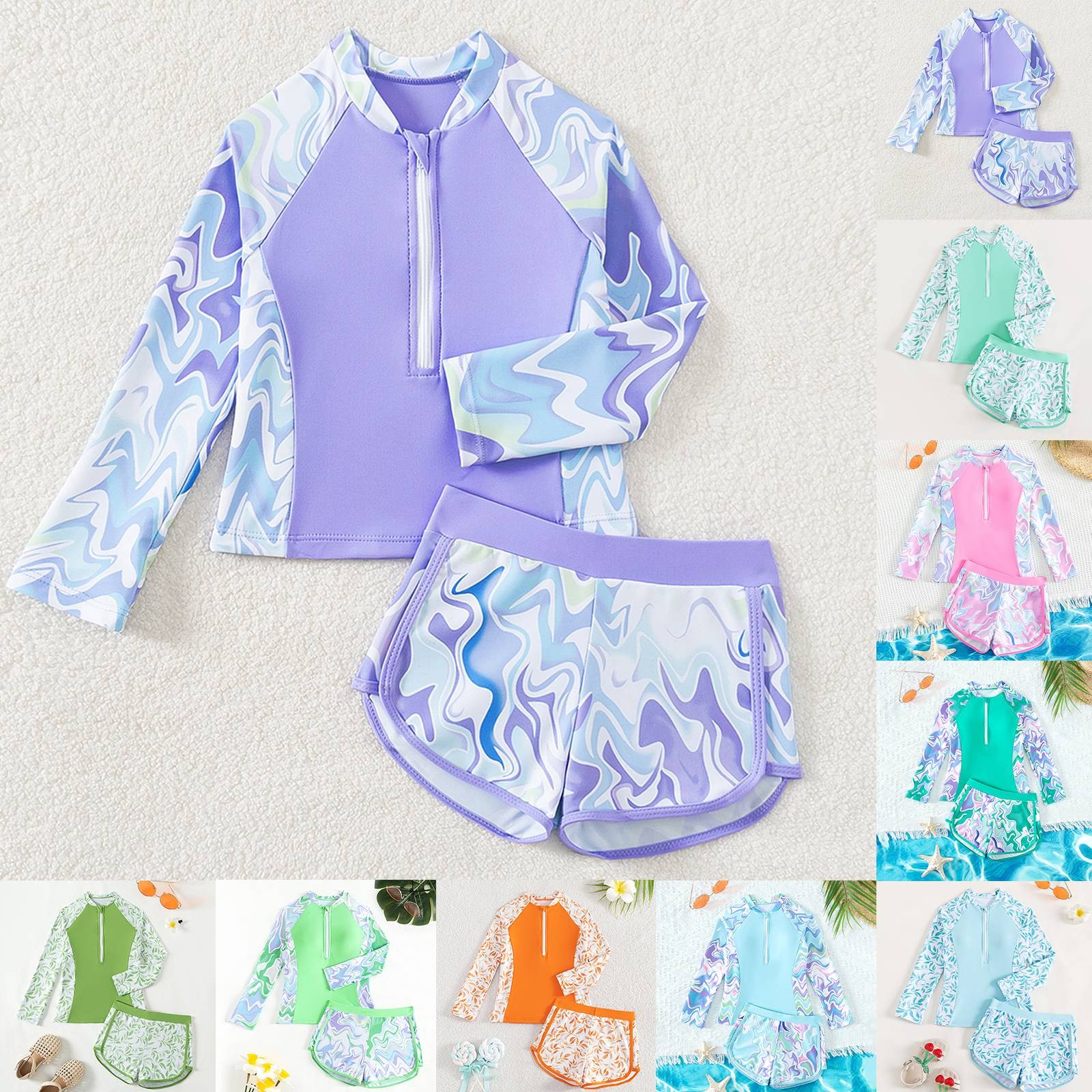 thumbnail video image 2 of SGMVNU Girls Rash Guard Swimsuit Two Piece Bathing Suit Girls Swimsuit Cover Up Full Coverage Long Sleeve Swimwear with Shorts, Size 8-9 Years, 3-Purple, 2 of 8