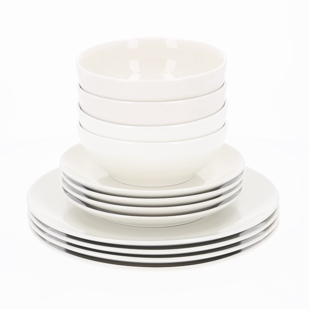 Mainstays Glazed White 12-Piece Stoneware Dinnerware Set includes