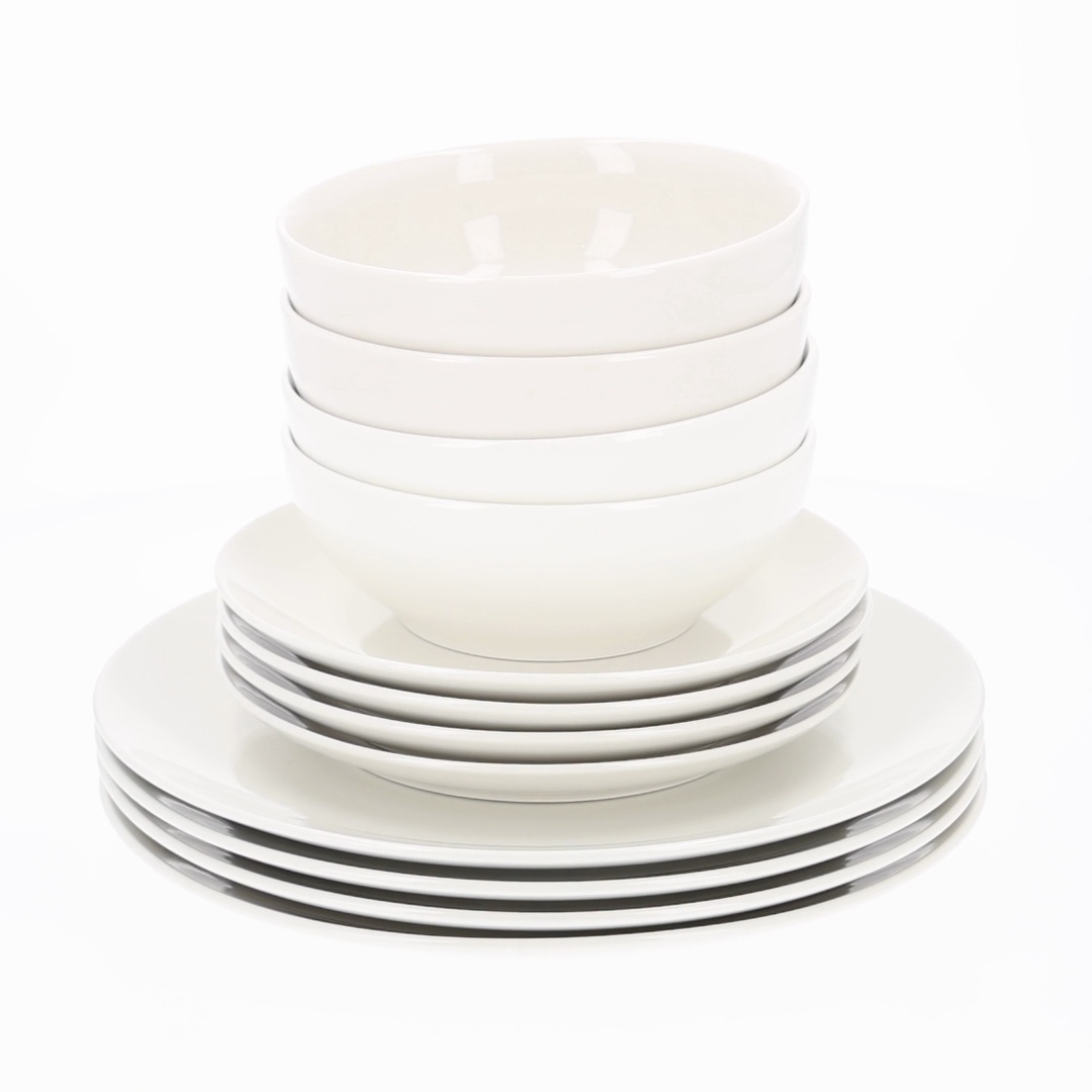Mainstays Glazed White 12-Piece Stoneware Dinnerware Set includes