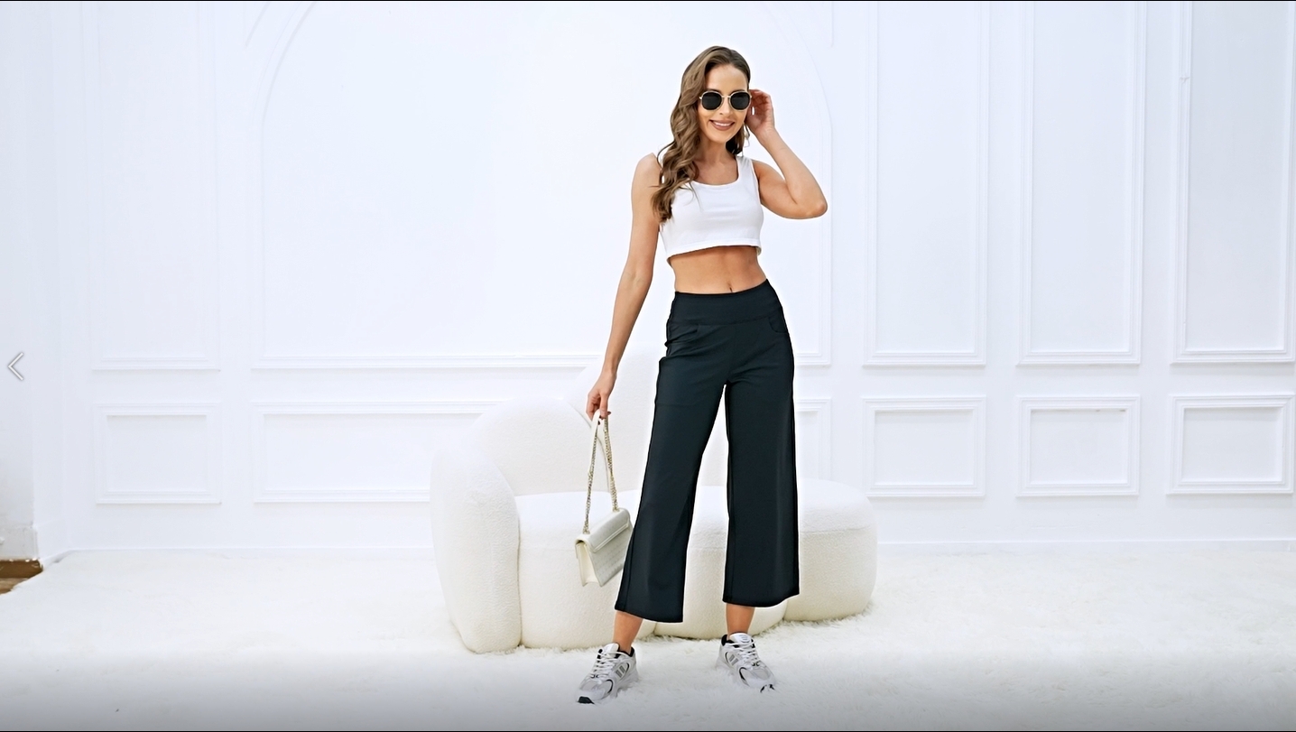 thumbnail video image 2 of NELEUS Womens 25" Wide Leg Capri Pants Yoga Legging High Waist Cropprd Pants with Pockets,Light Purple,US Size S, 2 of 12